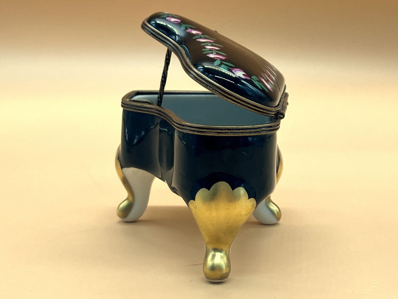 Limoges Porcelain France Hinged Piano Hand Painted Black Trinket / Jewelry Box. photo for sale