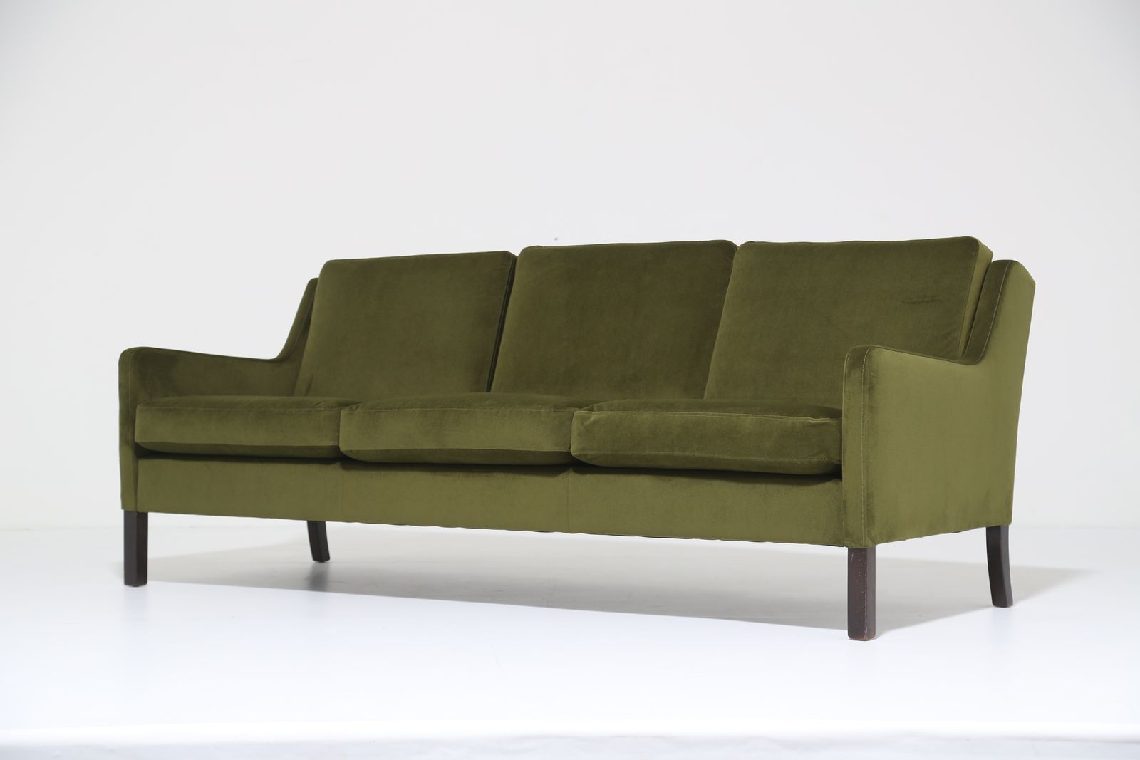 Vintage Danish Moss Green Velvet Three Seat Sofa By George Thams For Vejen Polstermøbelfabrik, 1960s. photo for sale