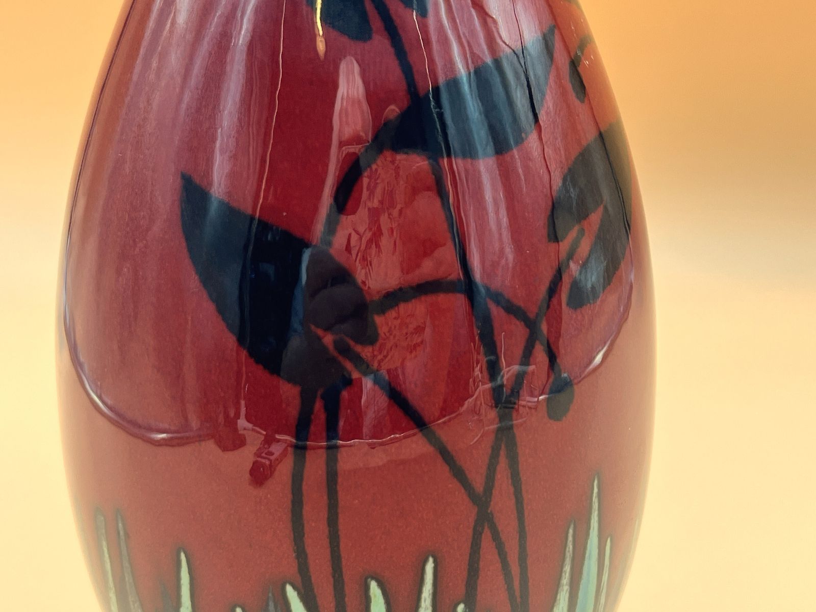 Poole Pottery Butterfly Design By Andrew Tanner Large Narrow Neck Vase In Red Glaze. 11". photo for sale