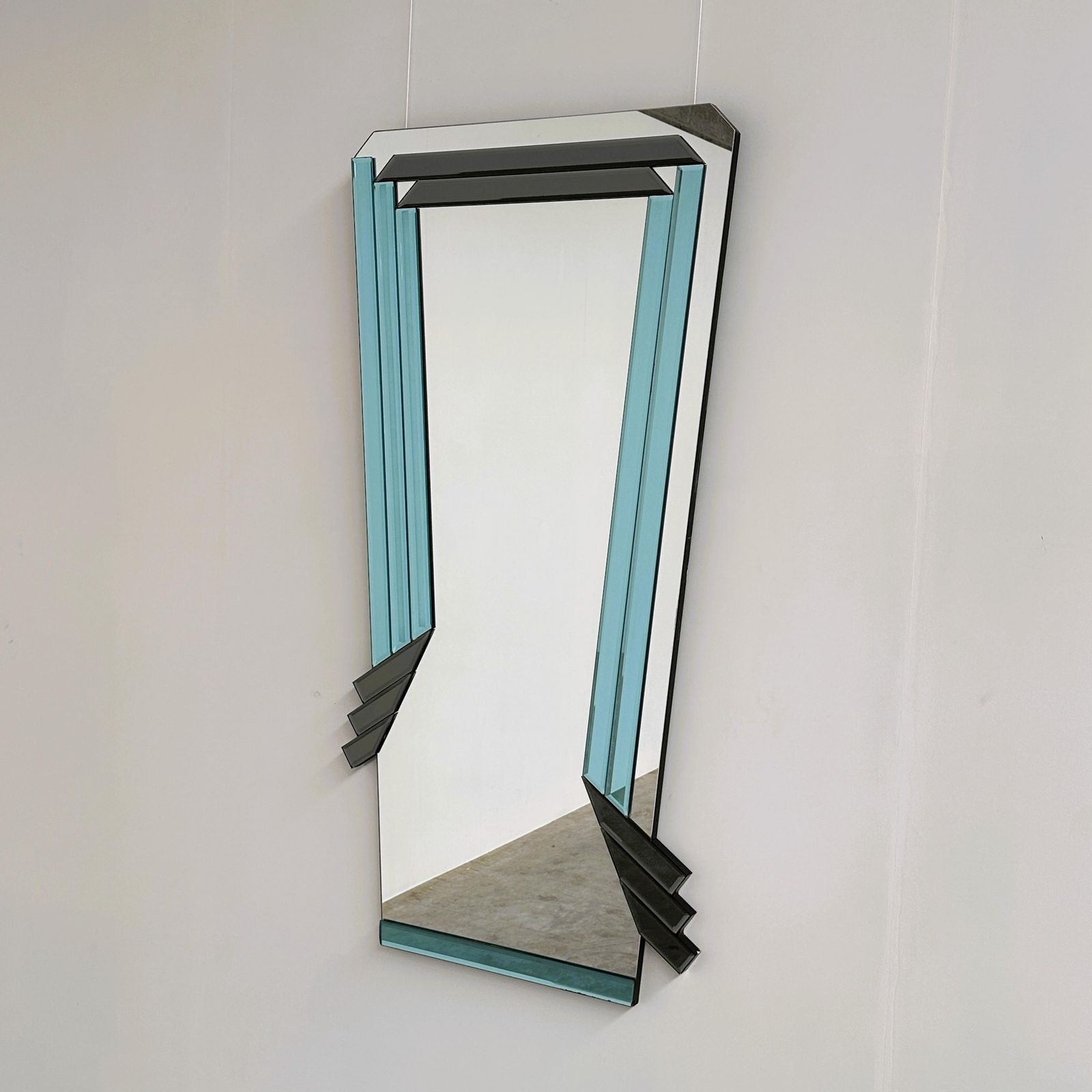 Postmodern Geometric Mirror With Blue & Dark Gray Smoked Glass, 1980s photo furniture