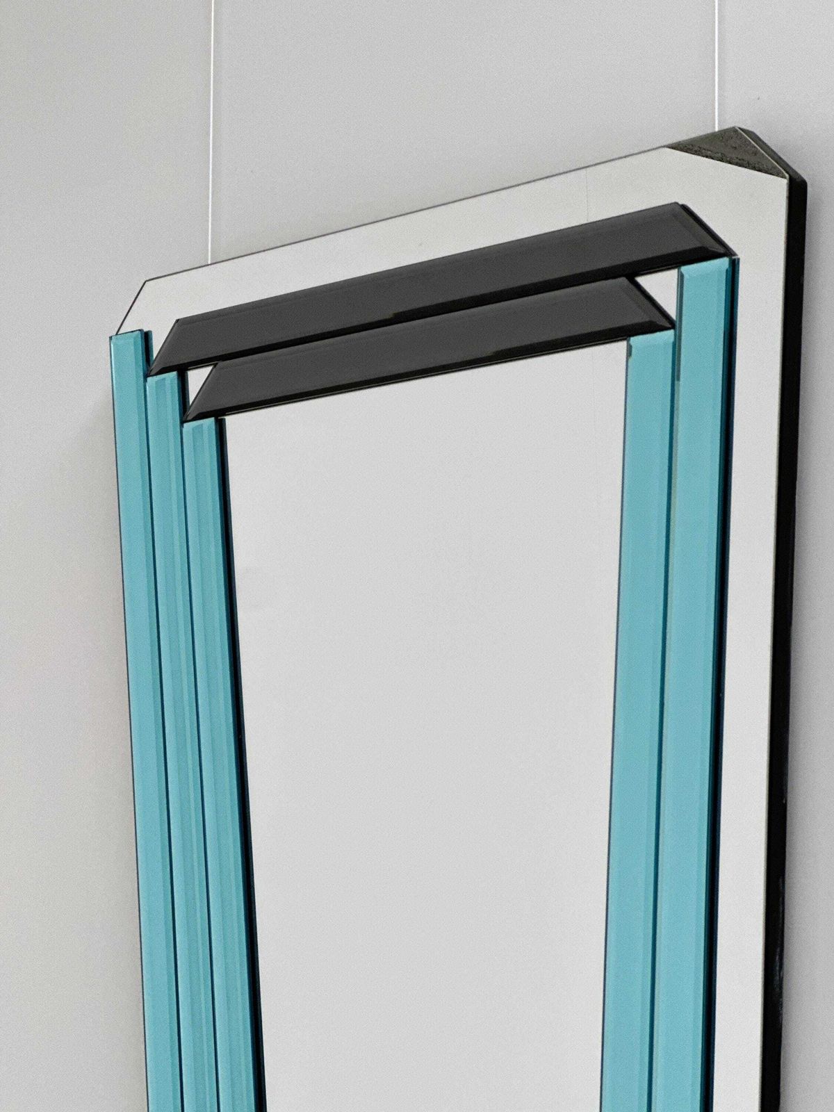 Postmodern Geometric Mirror With Blue & Dark Gray Smoked Glass, 1980s photo for sale
