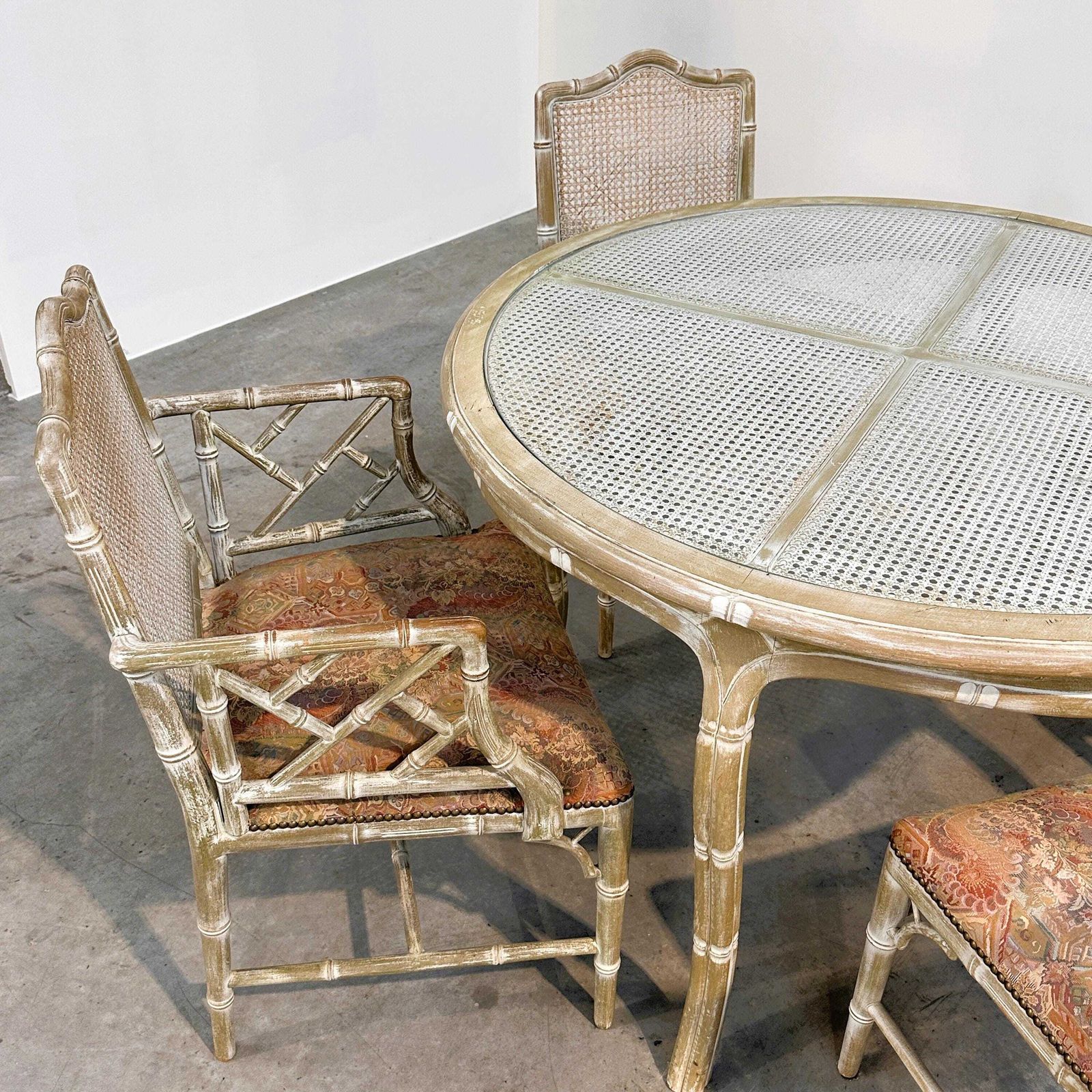 photo vinterior Vintage Faux Bamboo Dining Set With Original Fabric, 1980s
