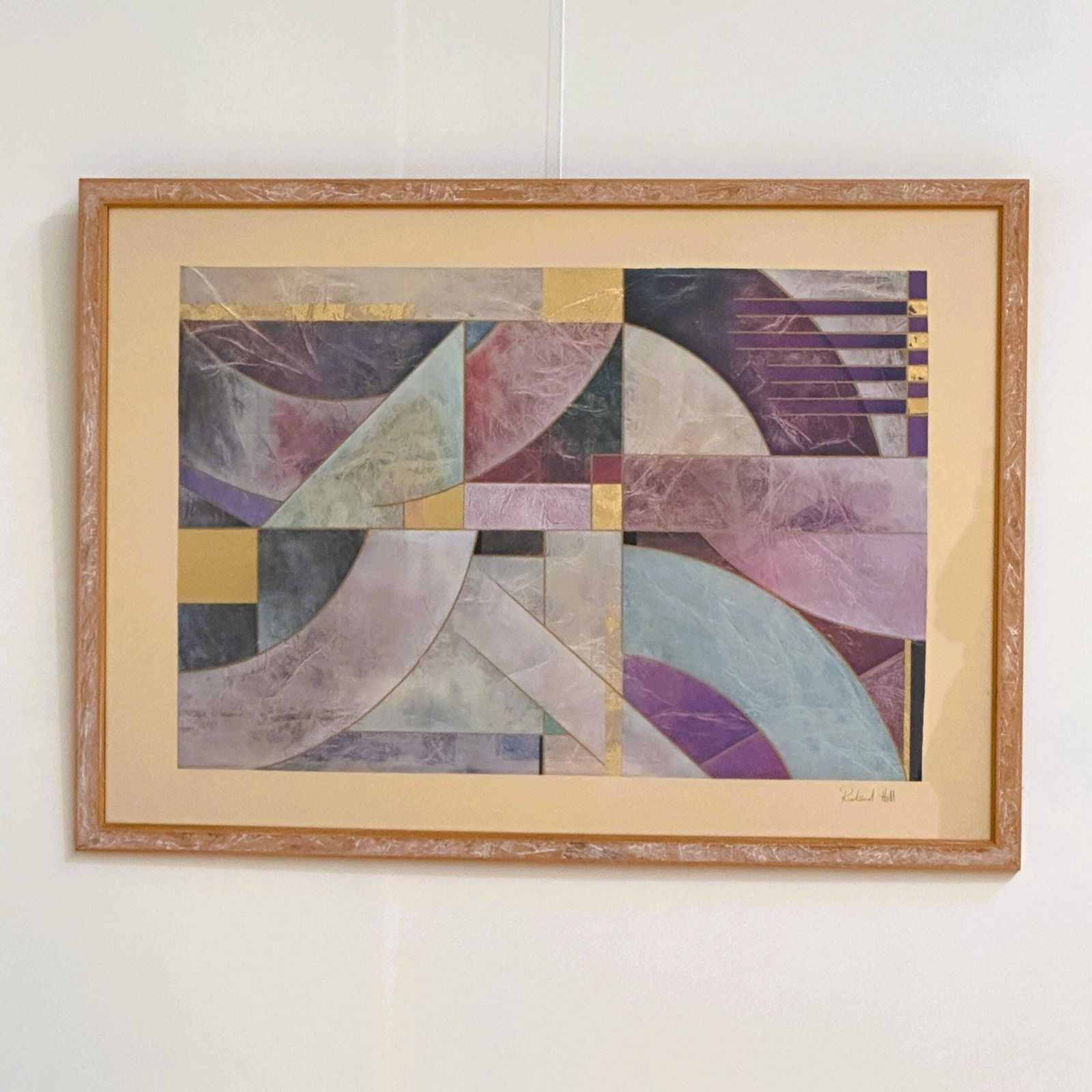 Pair Of Large Richard Hall Geometric Abstract Mixed Media Lithographs With Gold Leaf, 1980s photo furniture