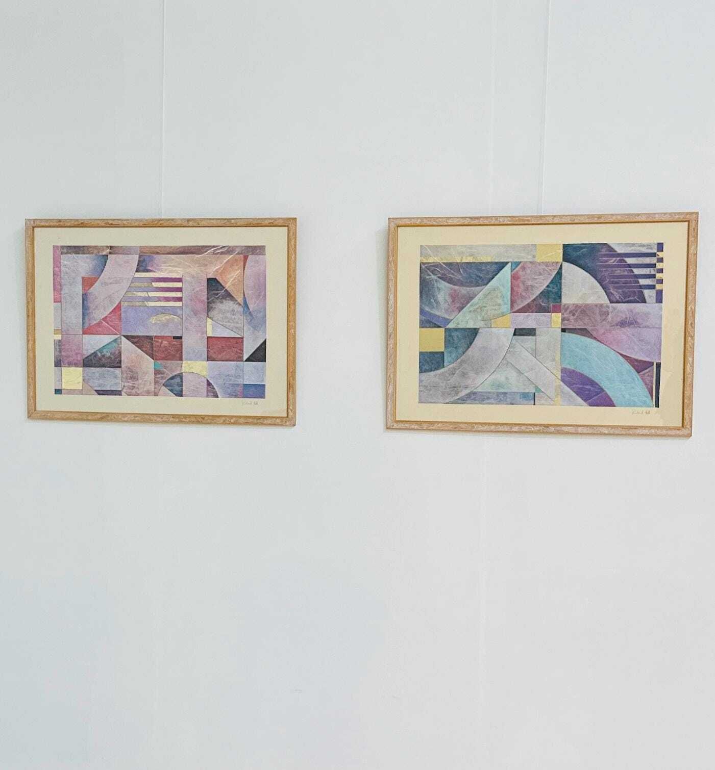 Pair Of Large Richard Hall Geometric Abstract Mixed Media Lithographs With Gold Leaf, 1980s photo for sale