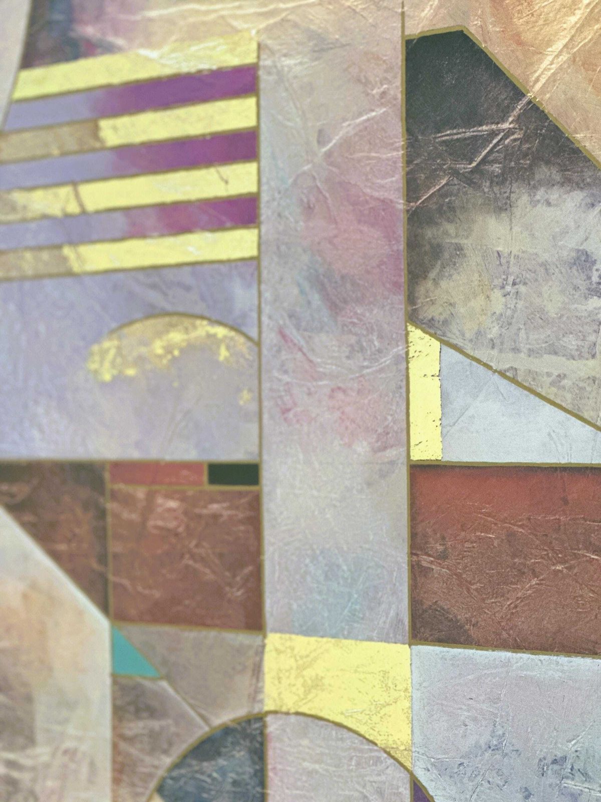 Pair Of Large Richard Hall Geometric Abstract Mixed Media Lithographs With Gold Leaf, 1980s photo Art