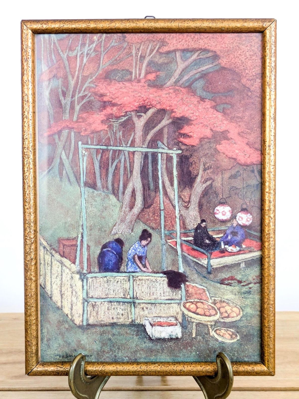 Vintage tekening in oliepasteL, Japonisme tuintafereel, 1990, ingelijst wanddecoratie of cadeau photo furniture