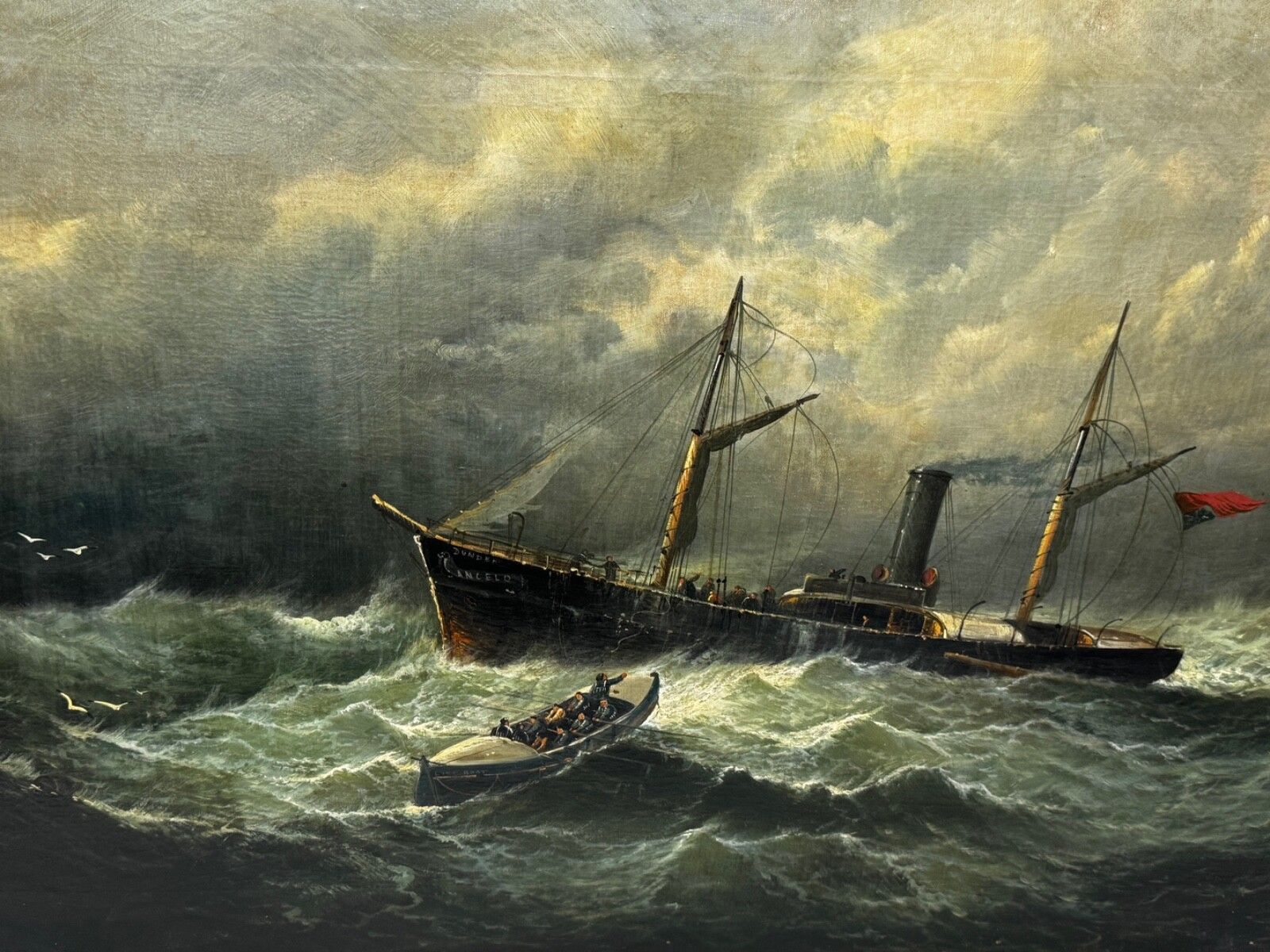Groot Victoriaans maritiem olieschilderij William Broome Dundee Ship RNLI Rescue ca. 1890 photo furniture