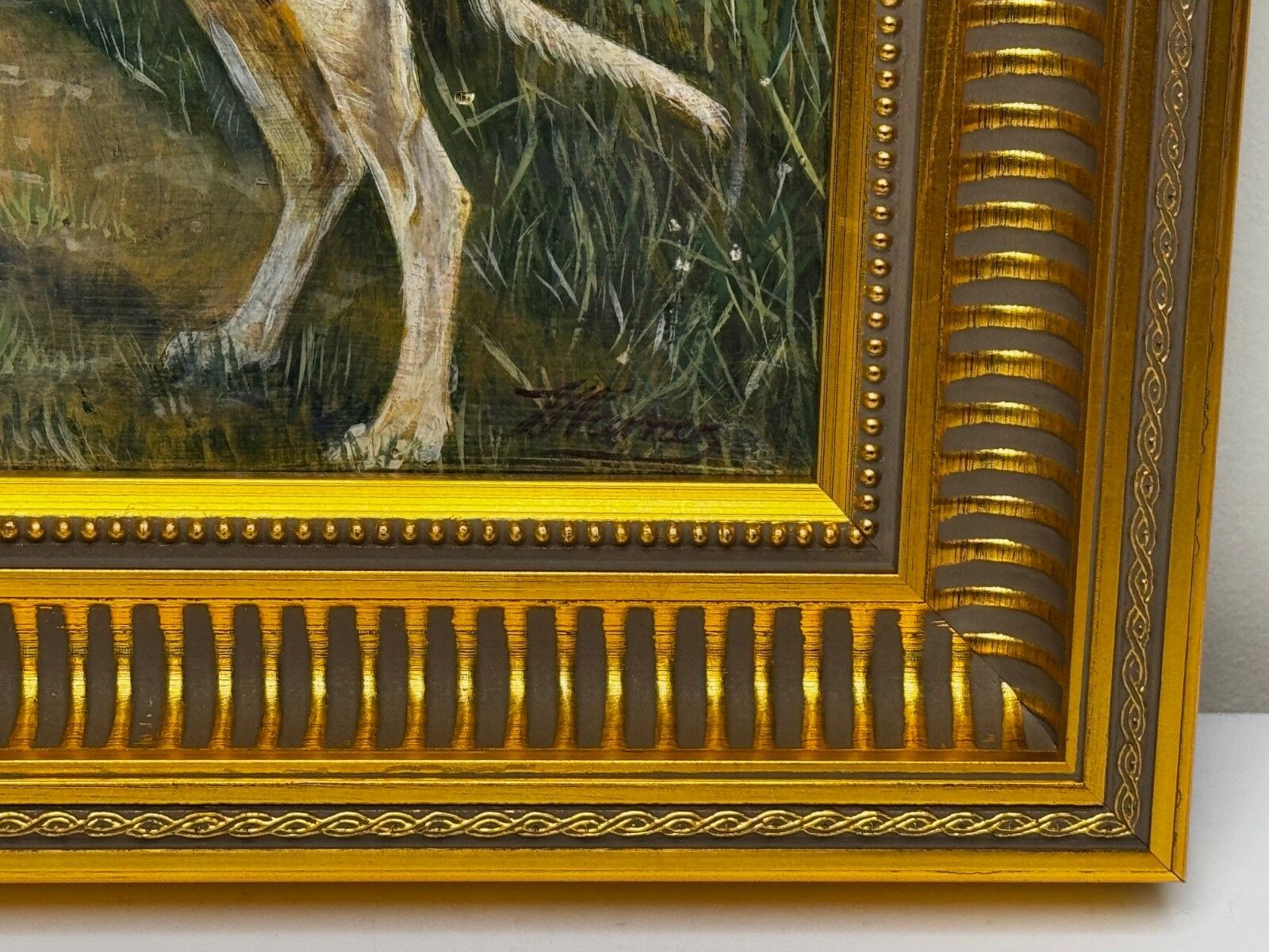 photo furniture Antiek Brits olieverfschilderij van een lurcher/greyhound, gesigneerd J. Warnes, ca. 1910