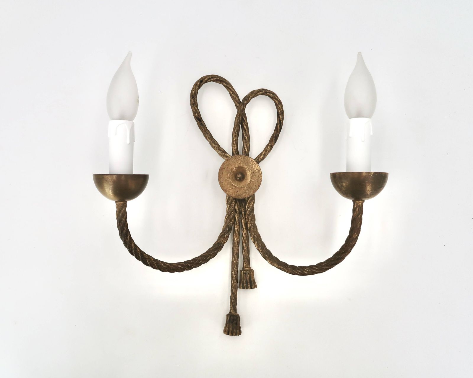 Lighting Golden Wall Lamp With Two Arms, Decorated With A Twisted Rope Bow, 1950s. photo