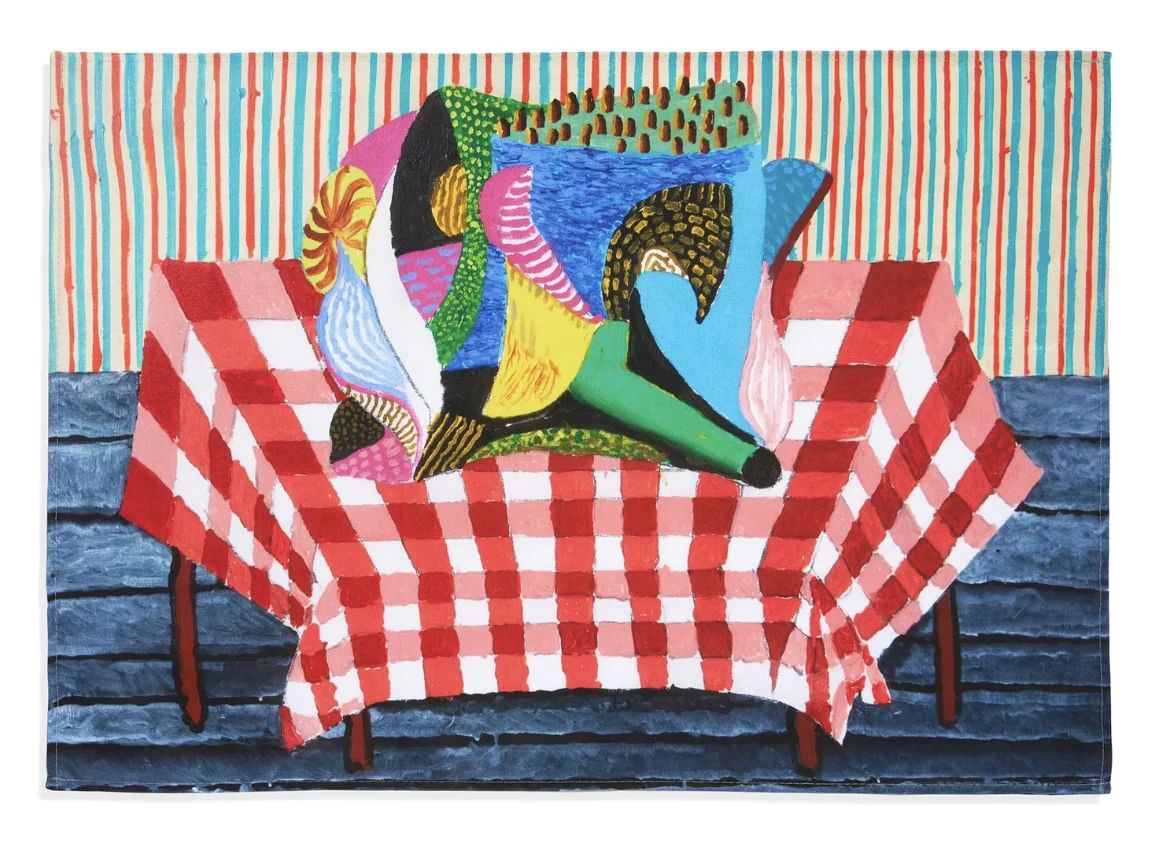 David Hockney Tea Towel   Abstraction Resting On A Red And White Checkered Tablecloth, 2025