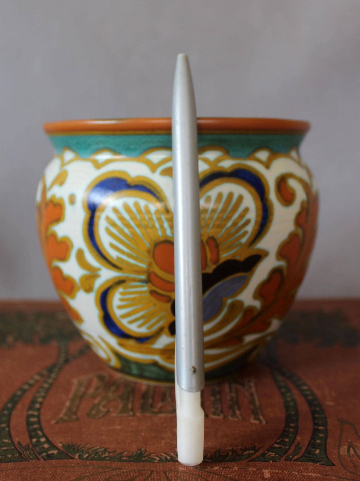 Antique Art Deco Circa 1920s Gouda Pzh Holland Art Pottery Bowl, Trudy Model 1312, Planter, Dutch, Signed, Hand Painted, Plateelbakkerij photo for sale