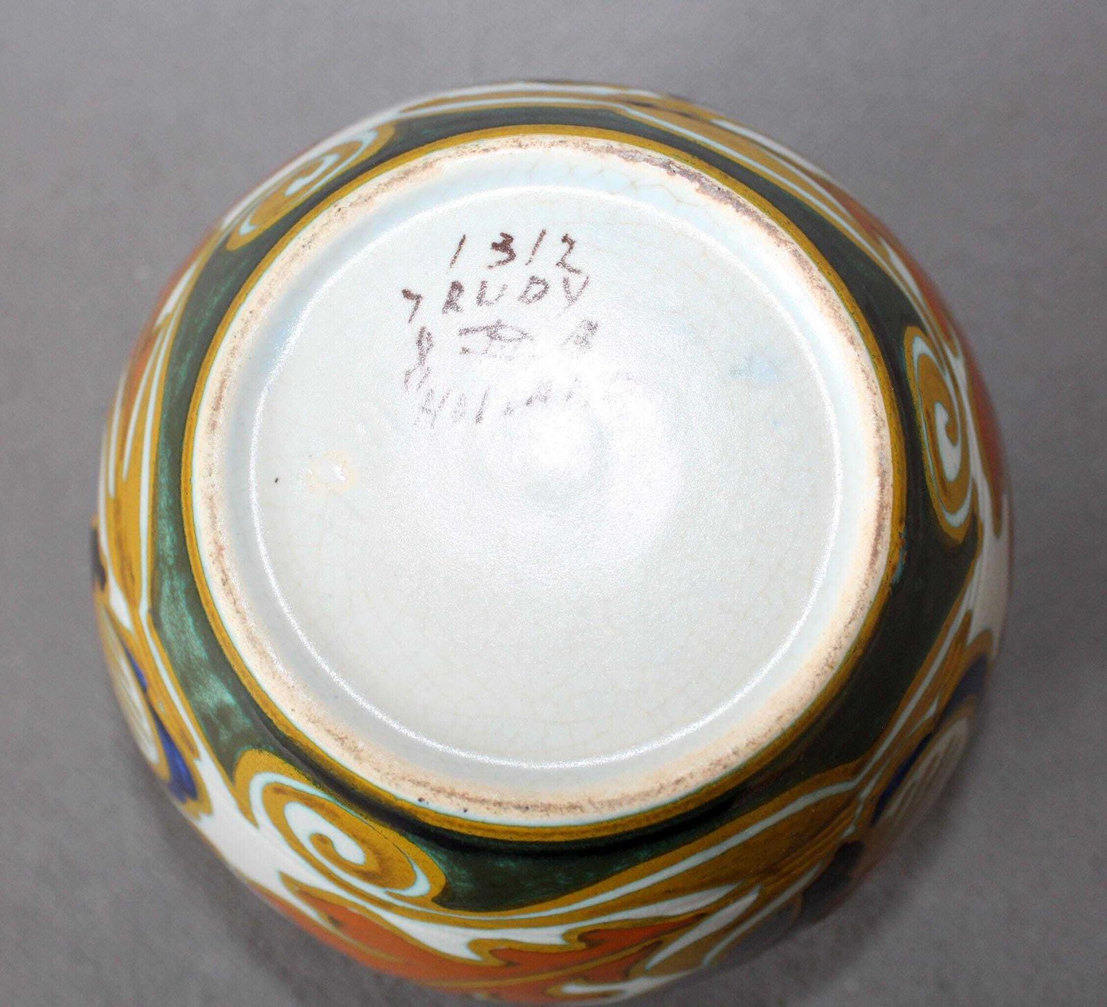 photo buy Antiek art deco Gouda PZH Holland kunstaardewerk schaal, Trudy model 1312, plantenbak, Nederlands, gesigneerd, handgeschilderd, Plateelbakkerij