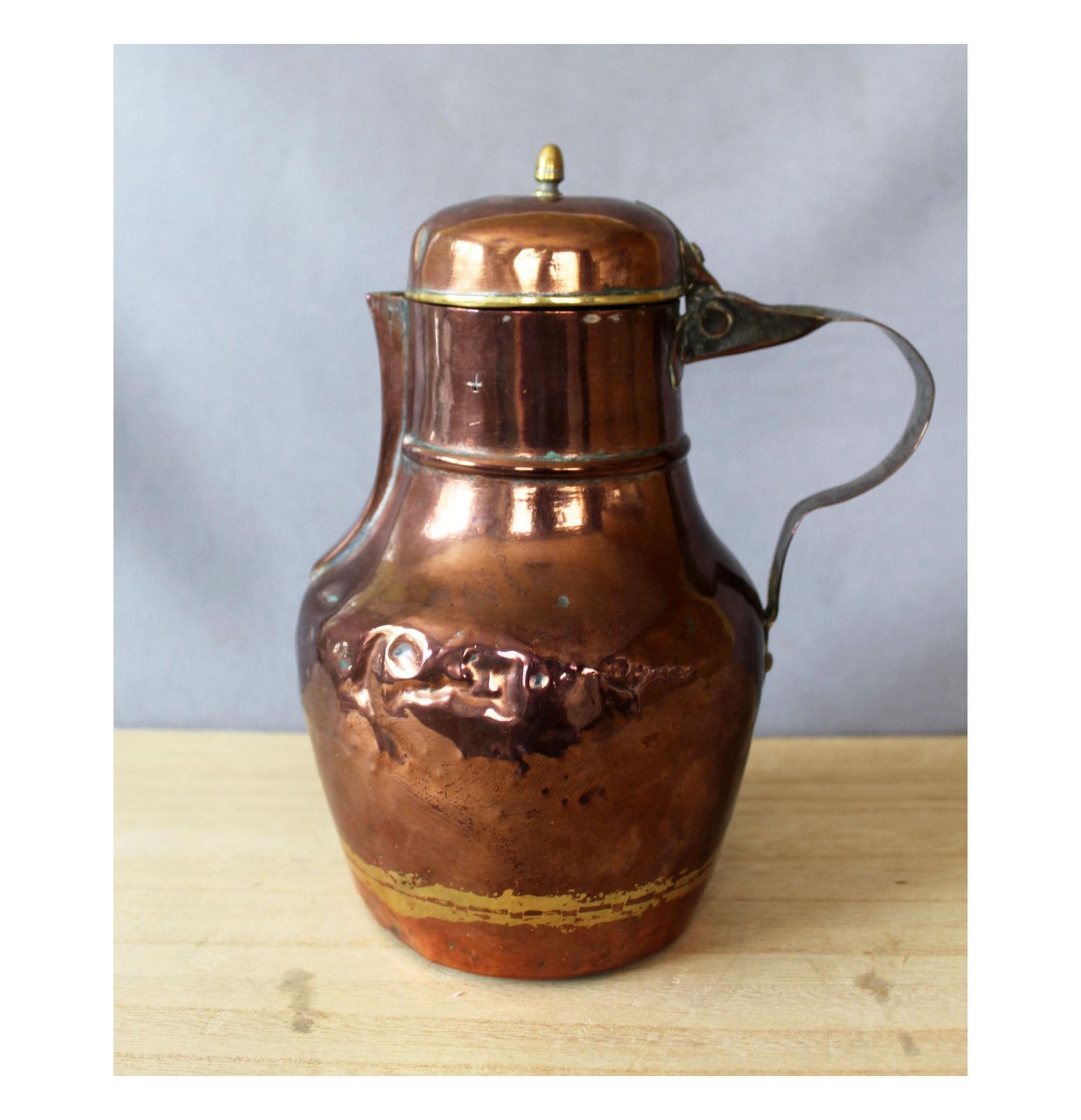 Antique Copper Pot Jug, Pitcher, Brass Finiial Top And Rim, Hammered Hand Made, French Country Farmhouse, 19th Century, Coquemar Kitchenalia
