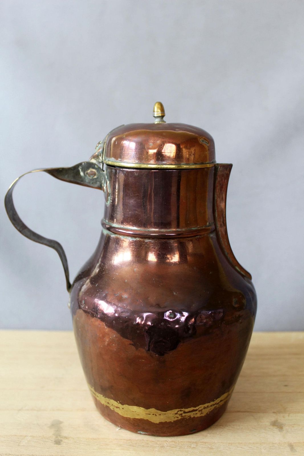 Antique Copper Pot Jug, Pitcher, Brass Finiial Top And Rim, Hammered Hand Made, French Country Farmhouse, 19th Century, Coquemar Kitchenalia photo furniture