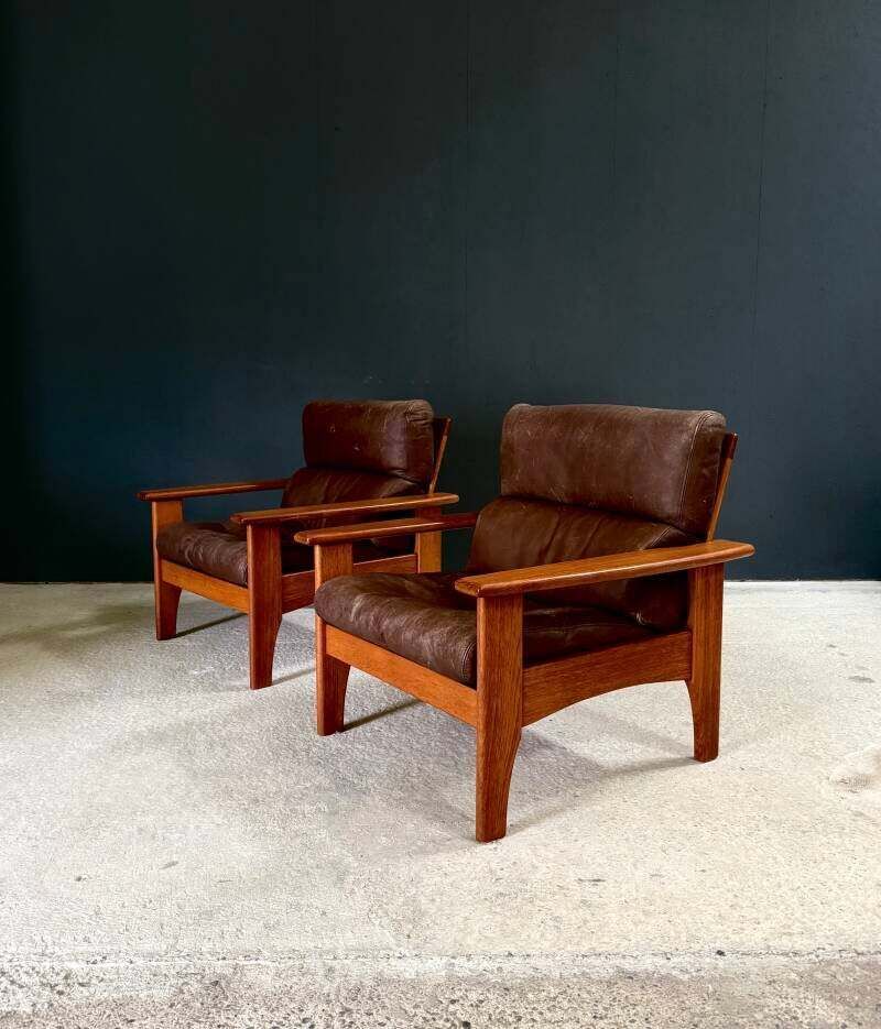 1960's Mid-Century Modern Design Leren Teakhouten Lounge Stoel Set 1 photo 2600.0