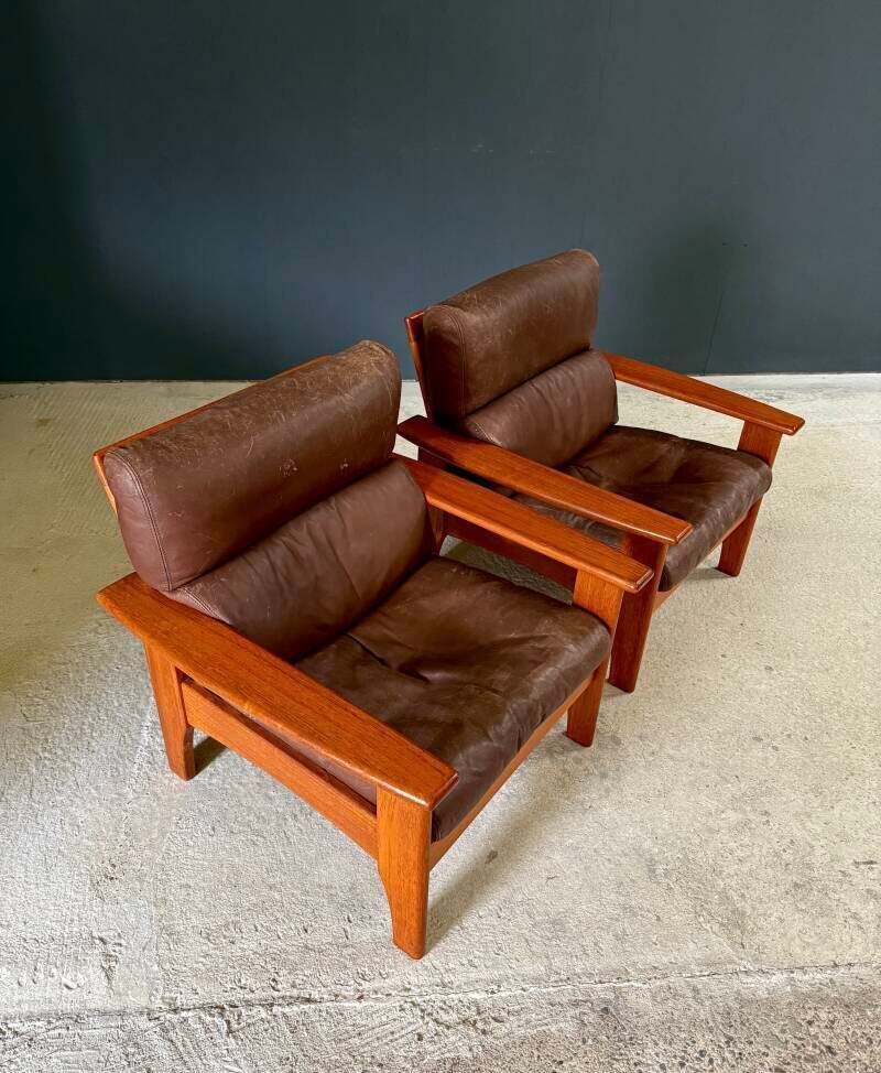 1960's Midcentury Modern Design Leather Teak Lounge Chair Set 1 photo vinterior