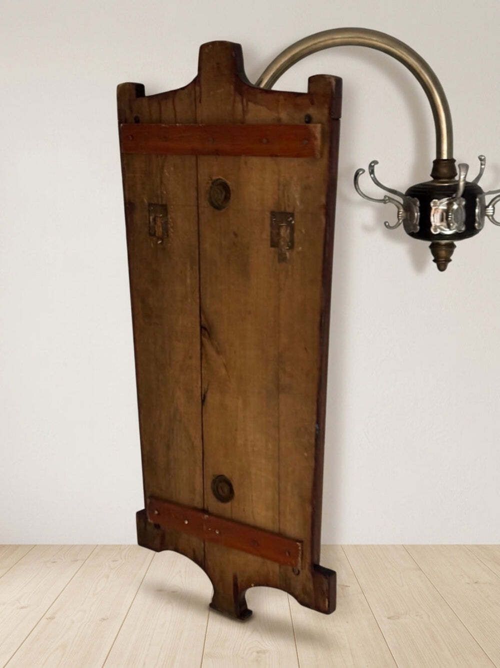 photo furniture Vintage Coat Rack Mid Century Wooden Rack With Metal Hooks, 55 × 40 × 92 Cm