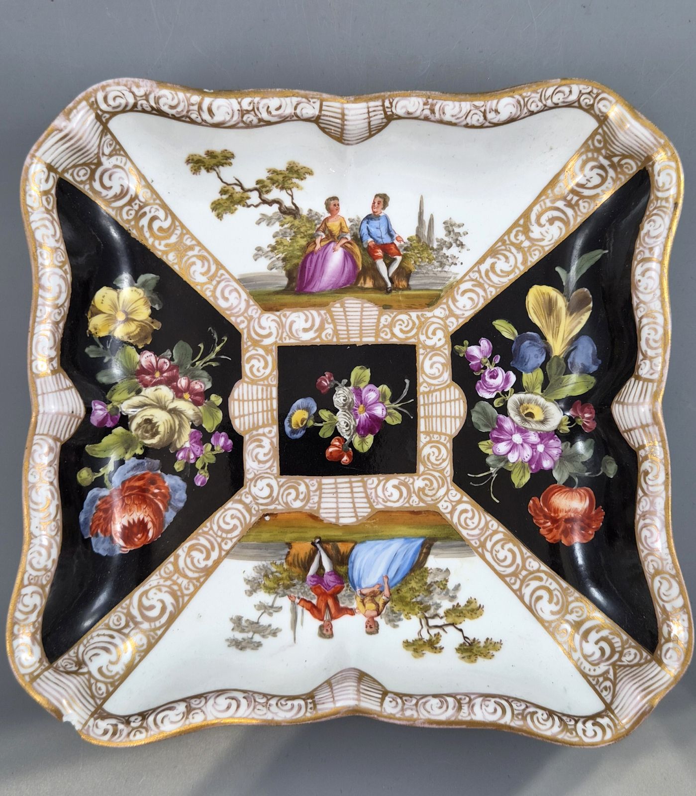 Meissen Porcelain Square Dish, Watteau Scenes And Black Ground, C.1850 1870 photo Home Decor