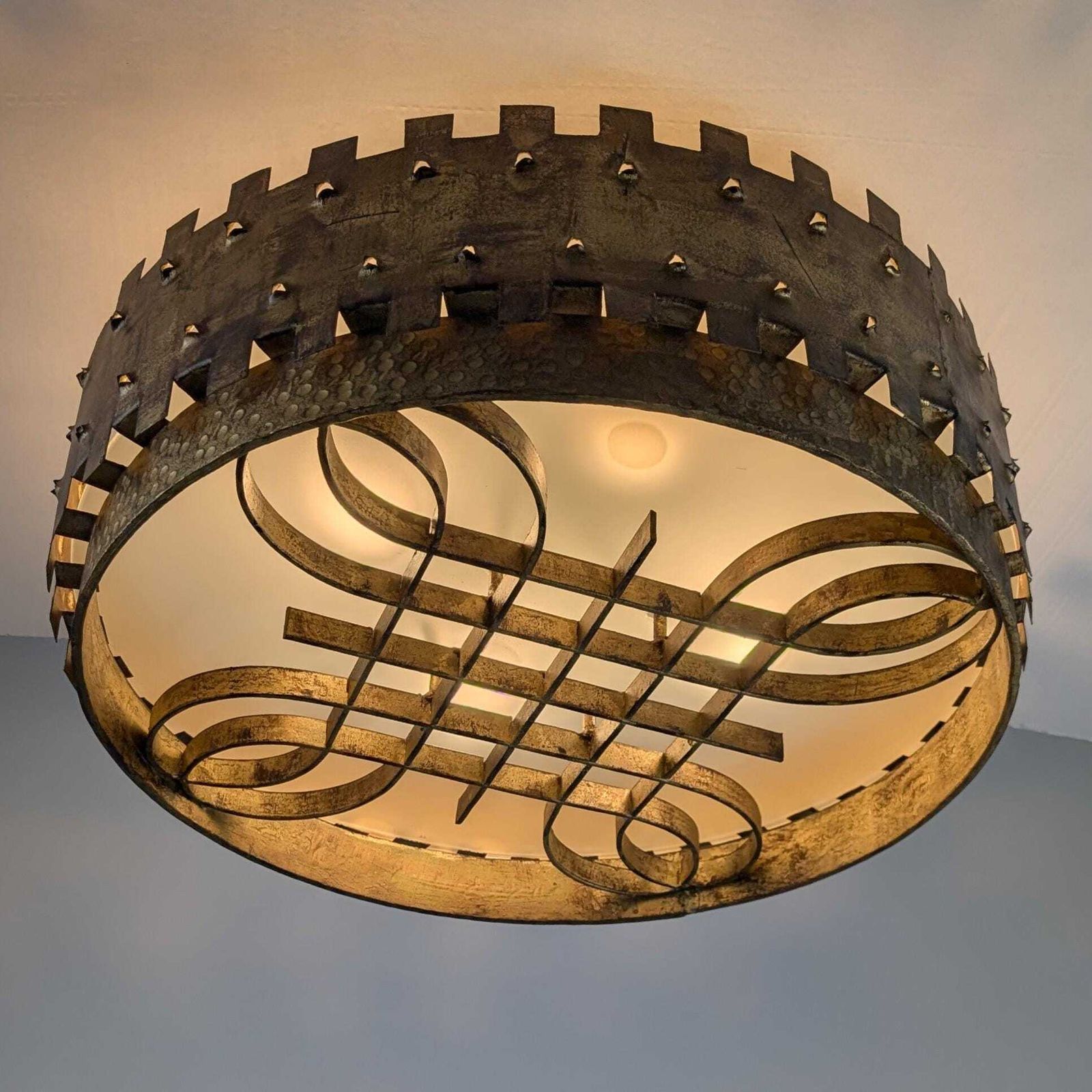 Brutalist Mid Century Ceiling Lamp In Golden Wrought Iron 1940s. photo Lighting
