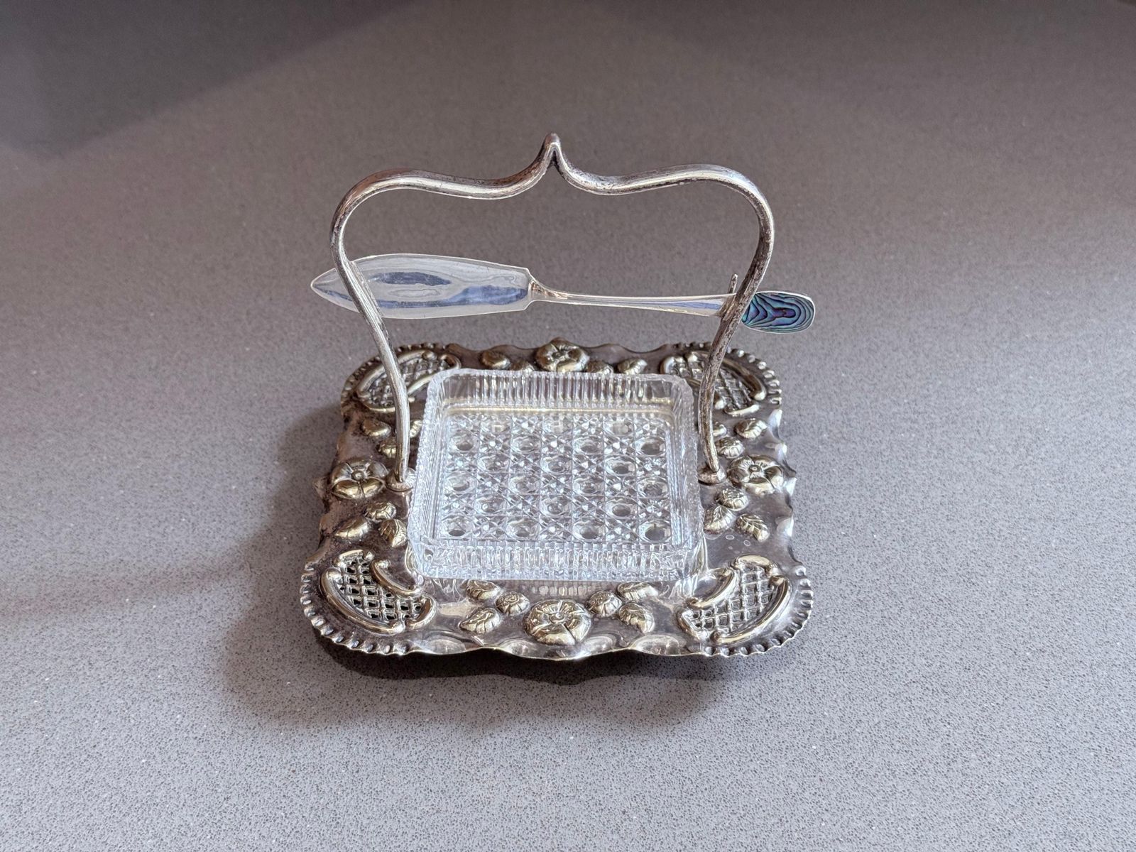 Art Deco Silver Plated Butter Dish With Cut Glass Crystal Butter Dish & Knife photo buy