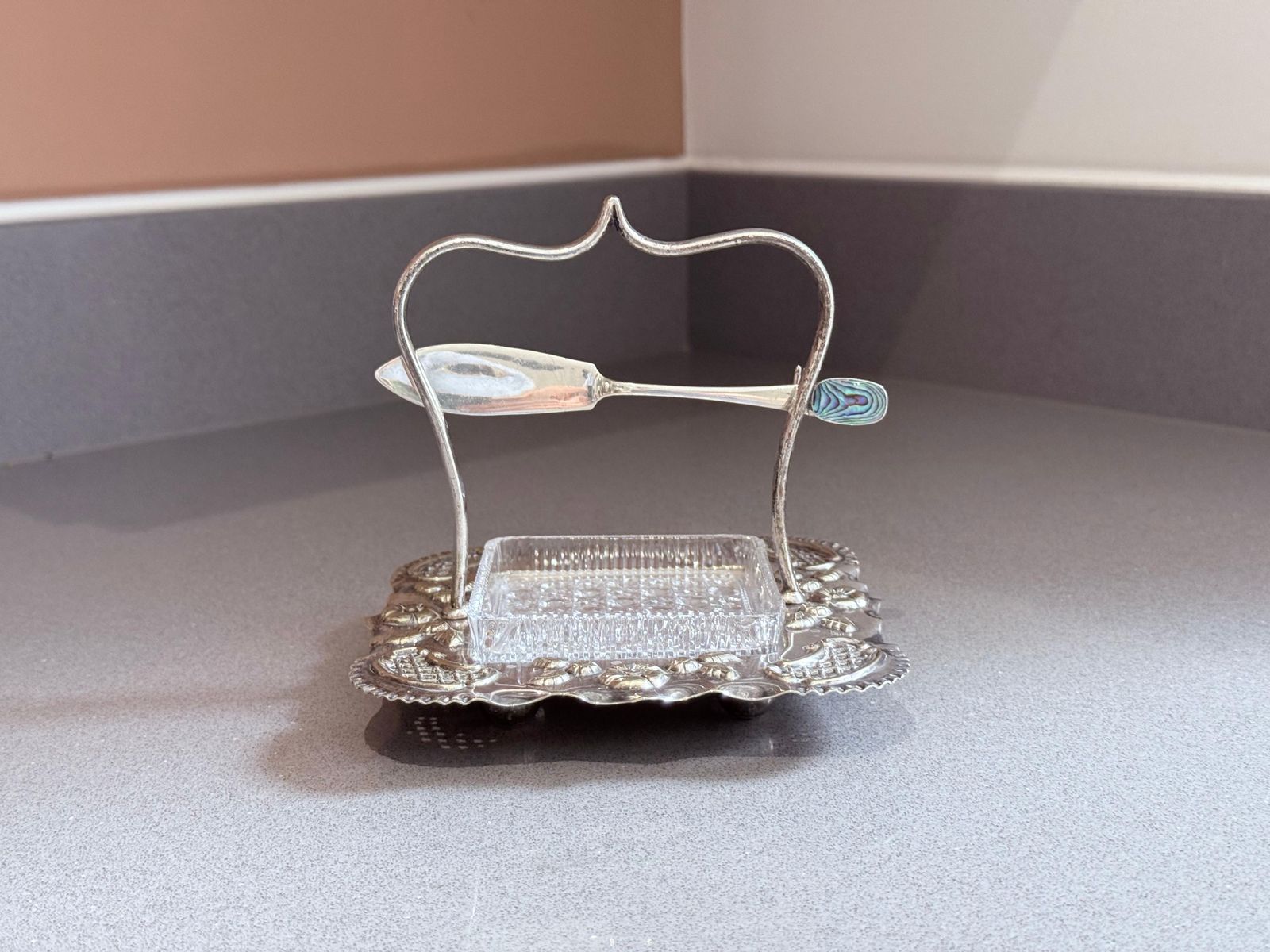 Art Deco Silver Plated Butter Dish With Cut Glass Crystal Butter Dish & Knife photo vintage