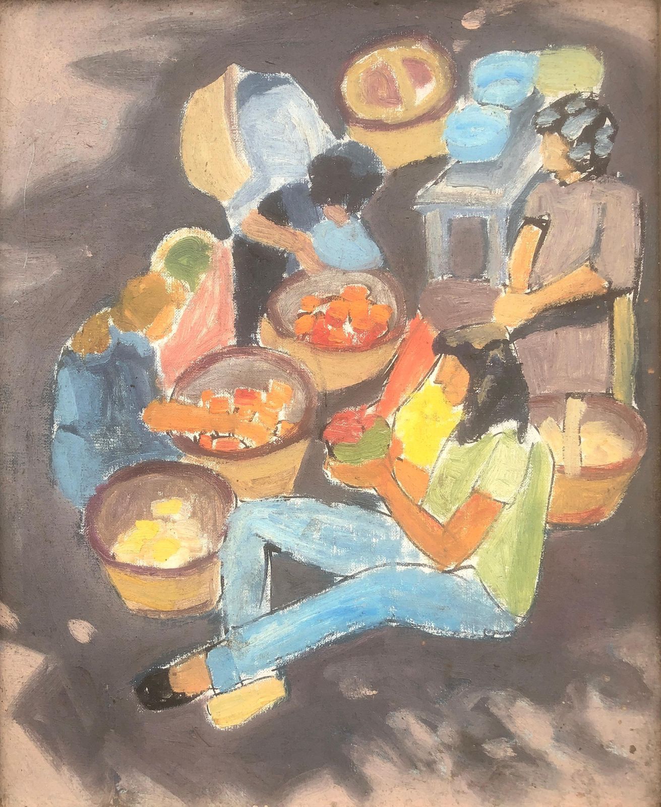 Unknown Mediterranean Fruit Market Fauvist Figurative Oil Painting Spain French Hippie C.1980