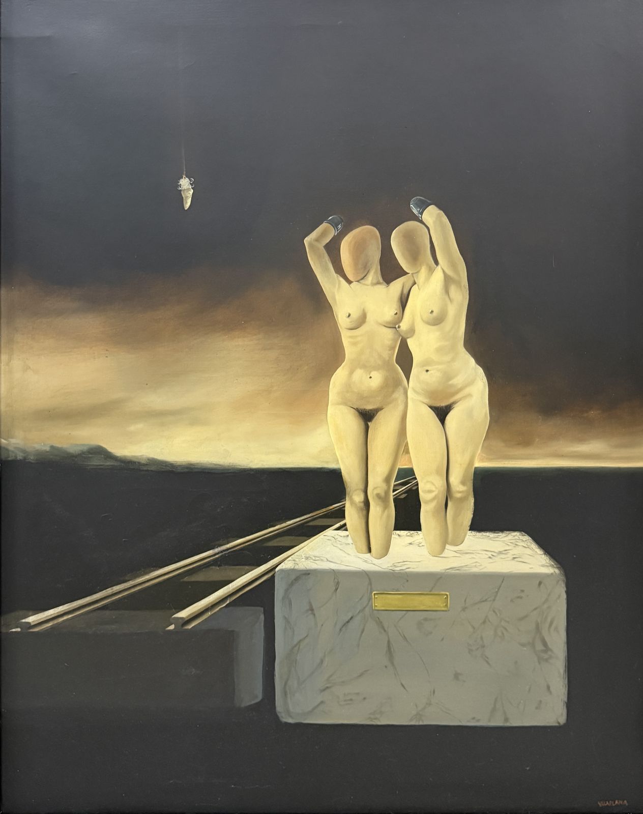 Francesc Vilaplana, Figures nues surréalistes et métaphysiques à la chrysalide, peinture à l'huile sur toile espagnole, années 1970