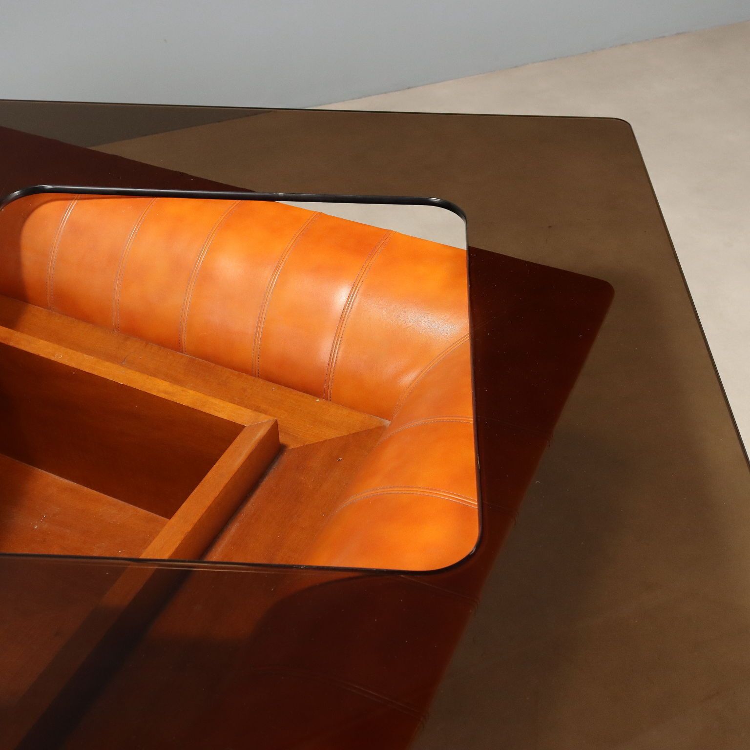 photo for sale Vintage Frau Coffee Table Wood Leather Design Italy 1970s
