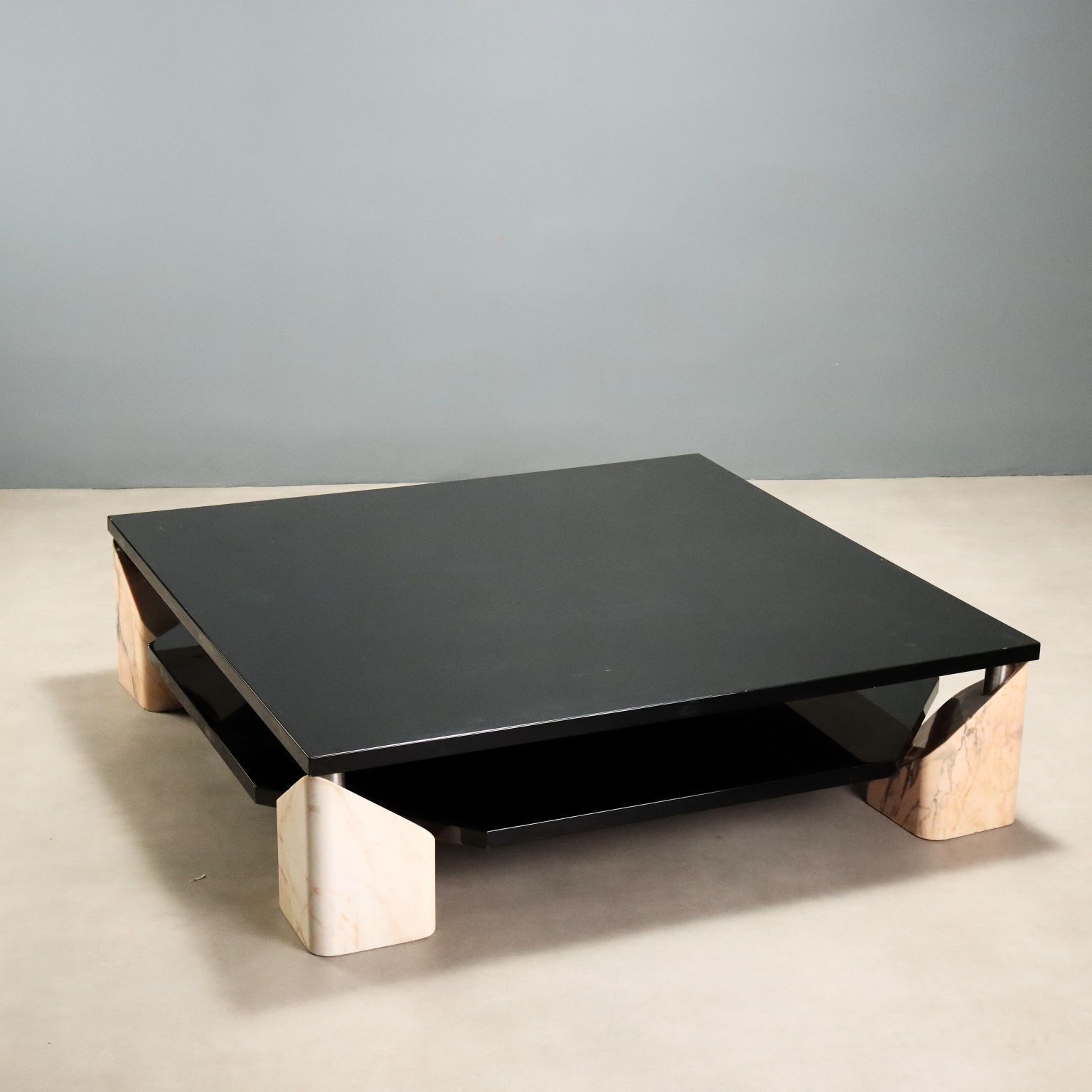 Vintage Coffee Table Pink Marble Lacquered Wood Design 1970s photo for sale
