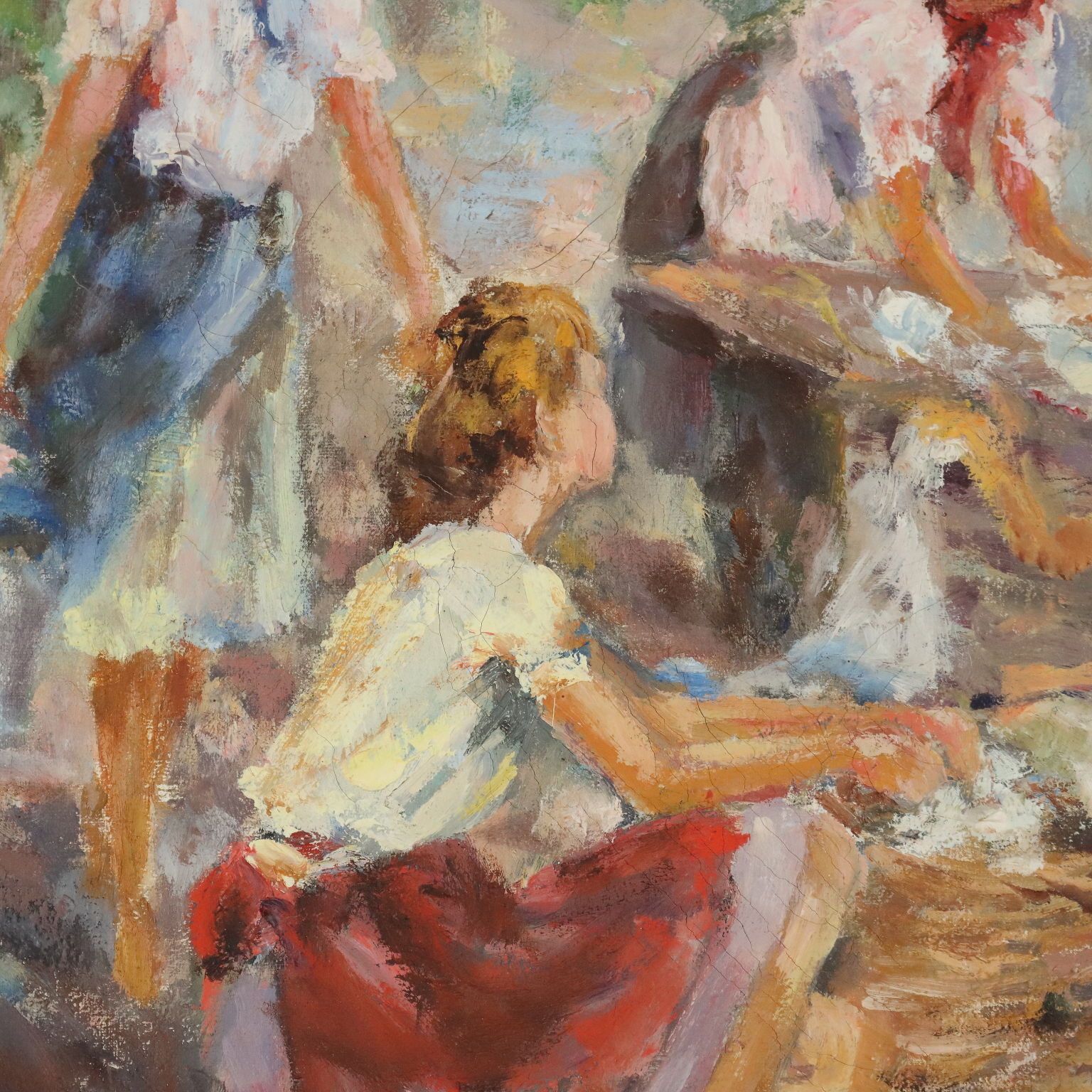 Peinture moderne, scène de lavoir avec femmes, XXe siècle photo 300.0