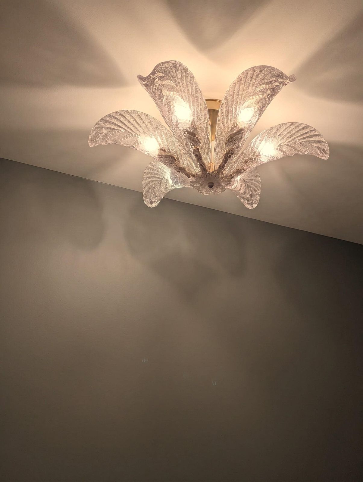 Large Mazzega Murano Glass Palm Leaf Ceiling Light, Art Deco Style, Italy 1960s photo vintage