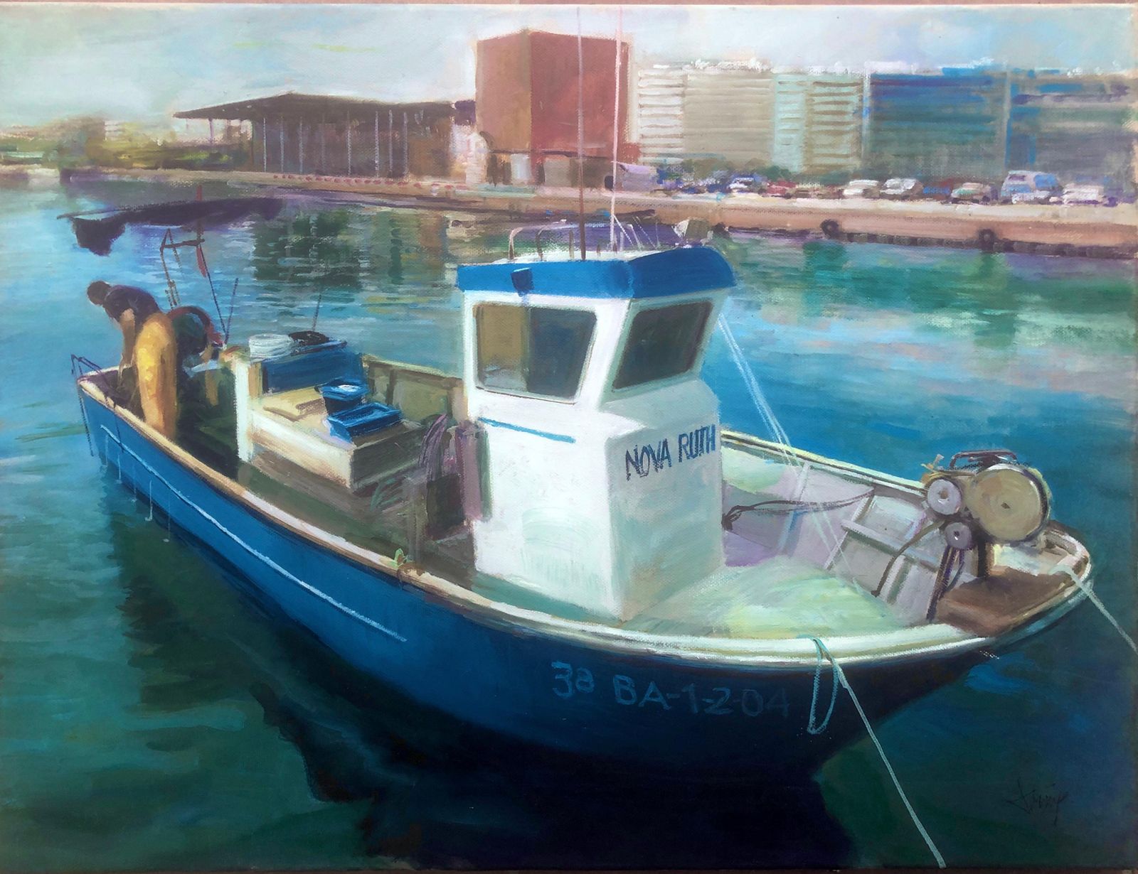 Domingo Alvarez Gomez Spanish Photorealist Fishing Boat In Mediterranean Harbor, Oil On Canvas C.2000