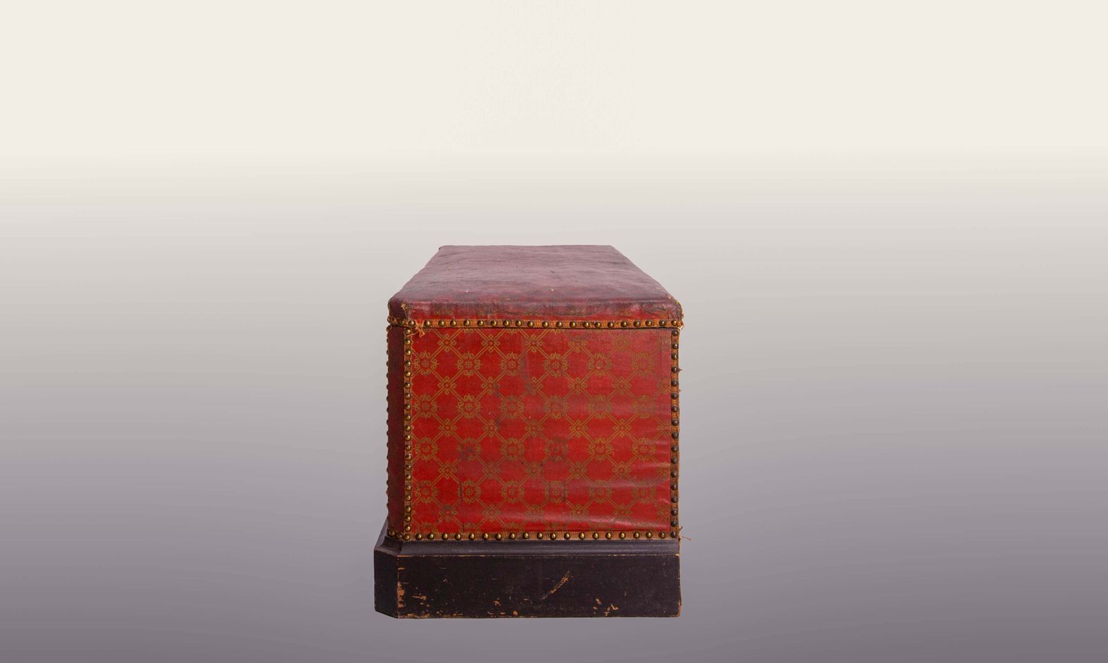 Antique Red And Golden Rustic Coffer Storage Bench Brass Studs Pine Chest French photo Furniture
