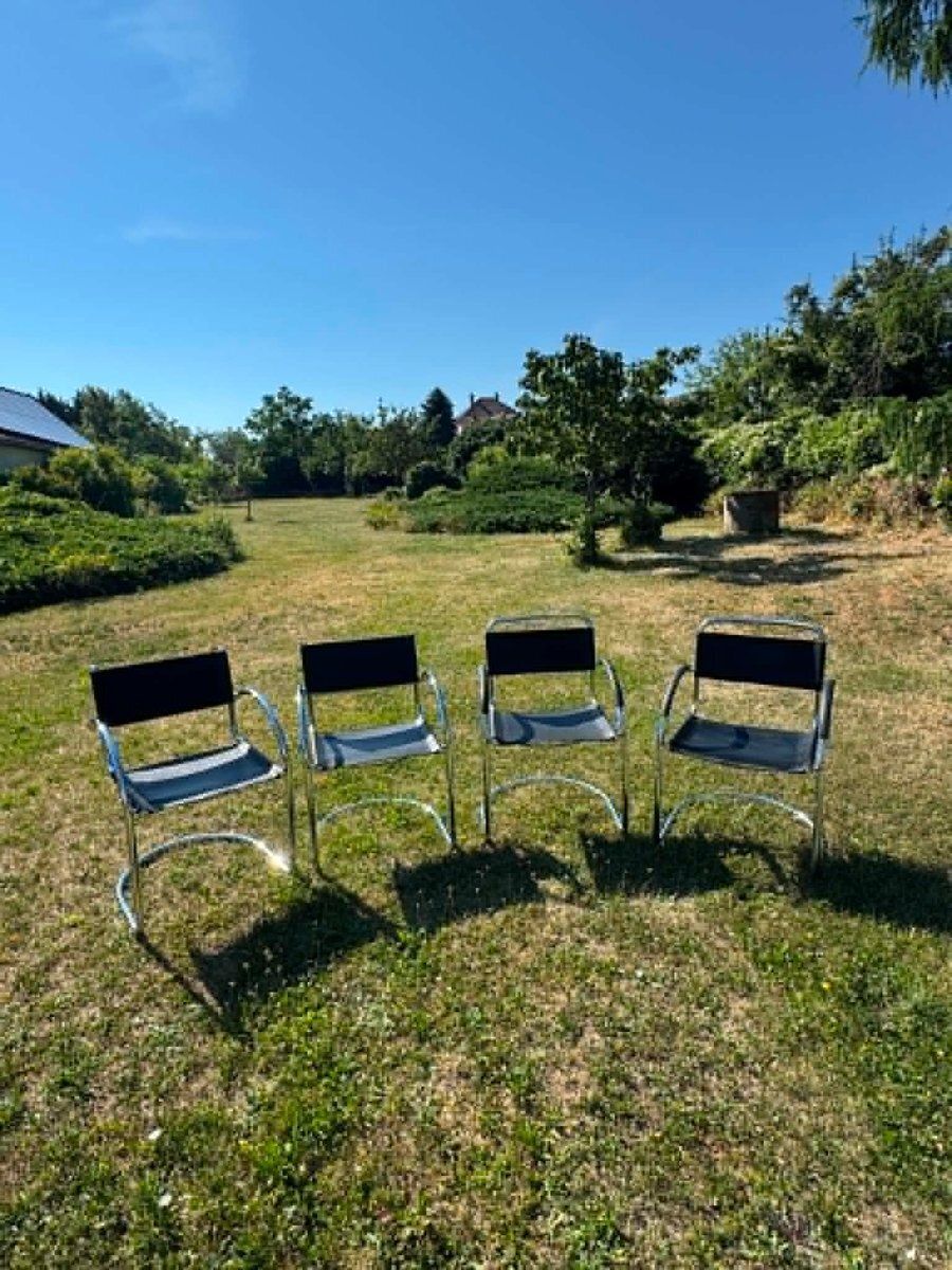 Vintage Bauhaus Tubular Chrome And Black Armchair 1970s Set Of 4