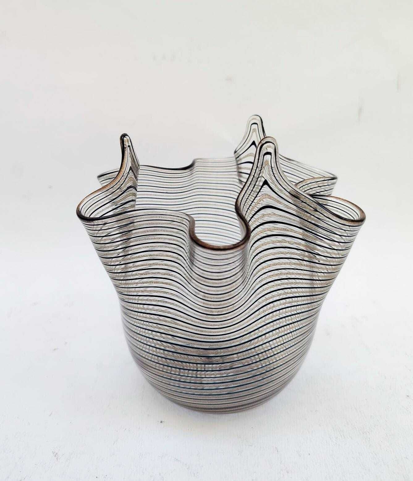 Murano Glass Handkerchief Vase 12 Cm In Black Gold Filigree Vintage Italian Design Venini Era