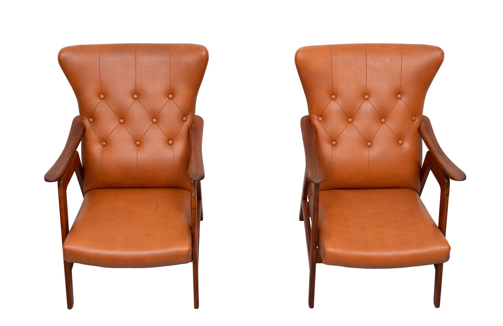 photo furniture Teakhouten loungestoelen met imitatieleer, jaren 1960, Nederland