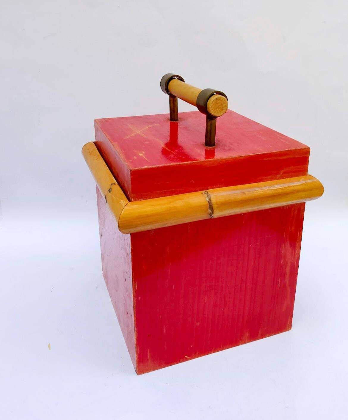 Seau à glace en bambou, design Mid-Century vintage, anse rouge et beige photo Décoration