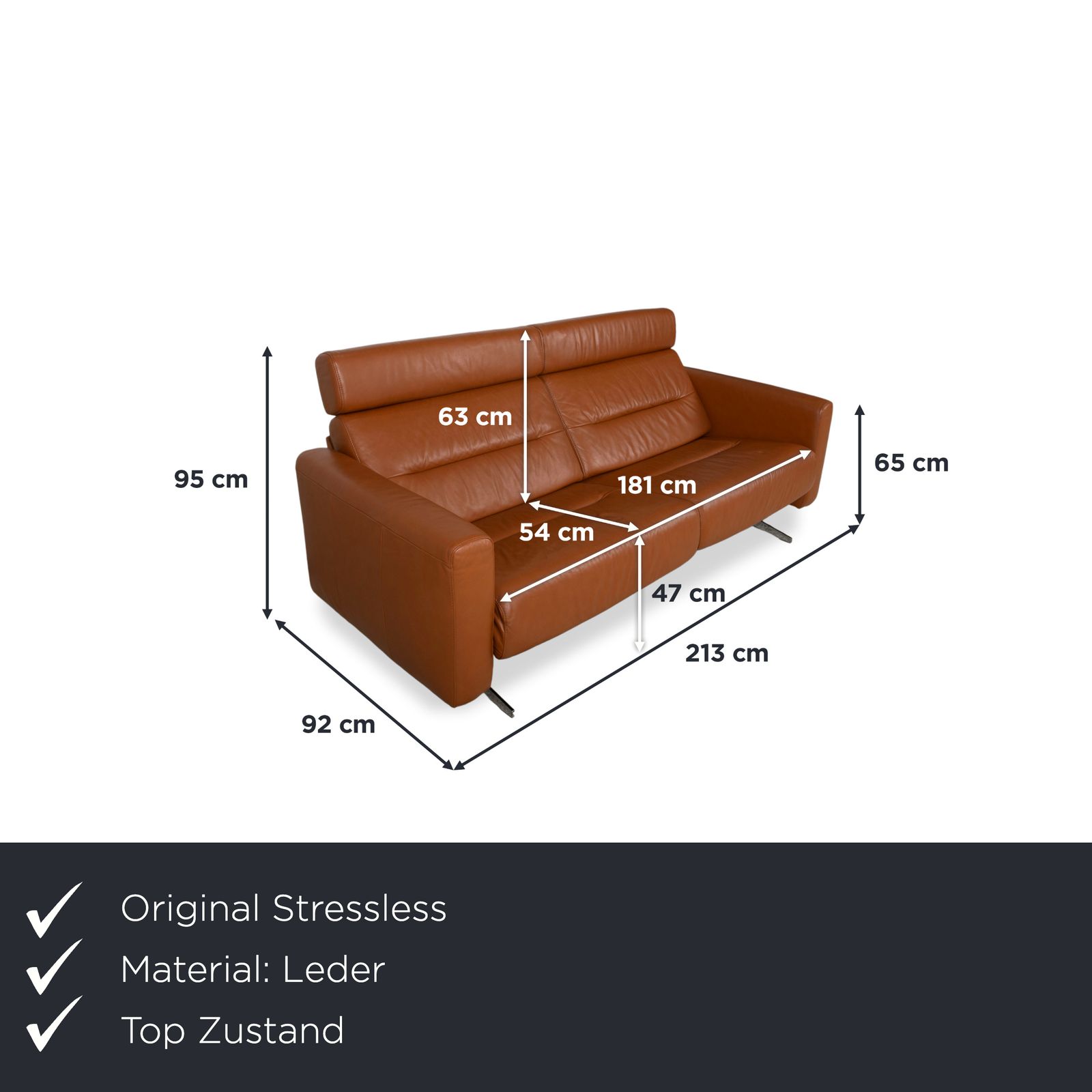 Canapé 3 places Stressless Stella en cuir lisse cognac et chrome, avec appuie-têtes, fonction inclinable manuelle photo furniture