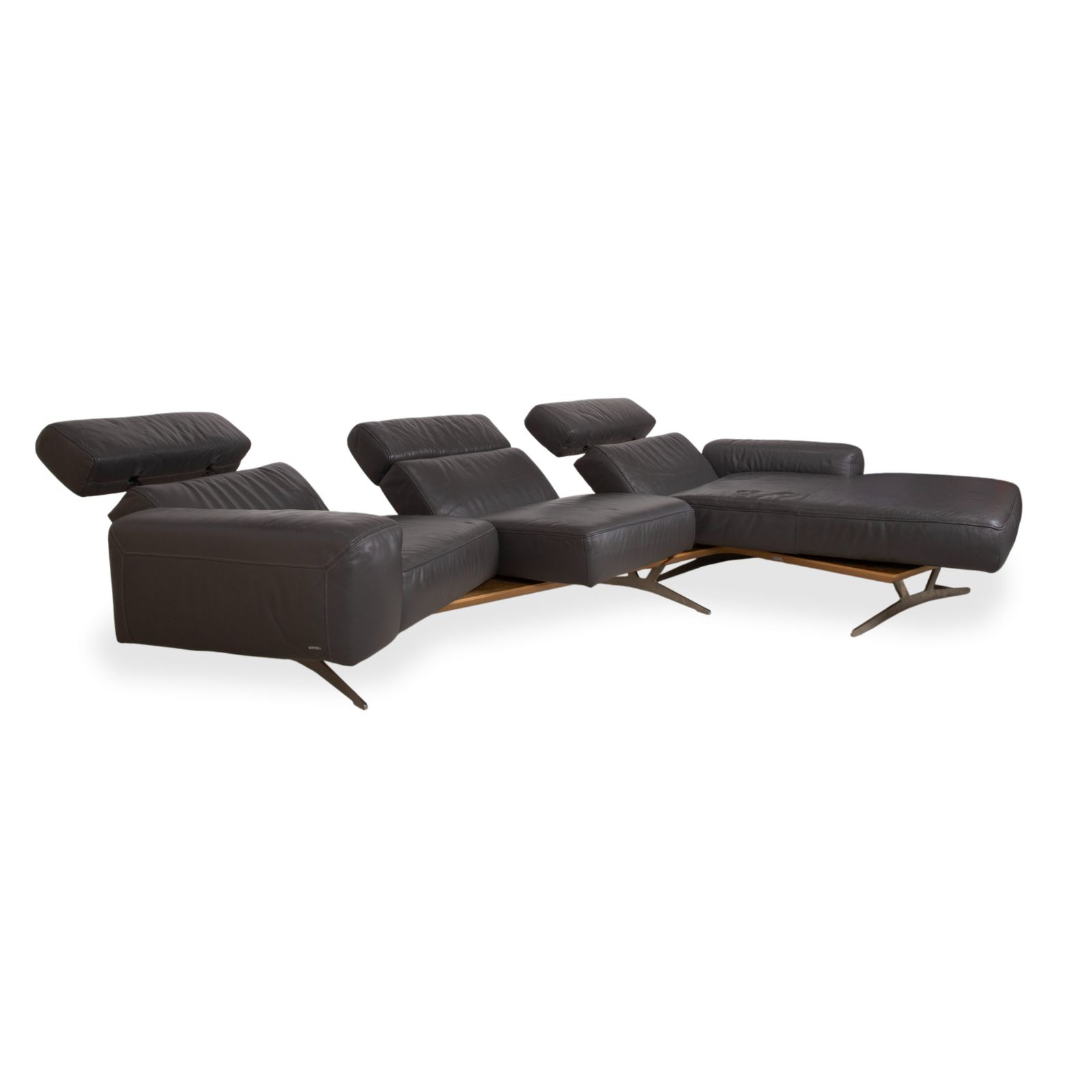 Koinor Monroe Leather Corner Sofa Grey Anthracite Wood Brown Chaise Lounge Right Manual Function photo buy