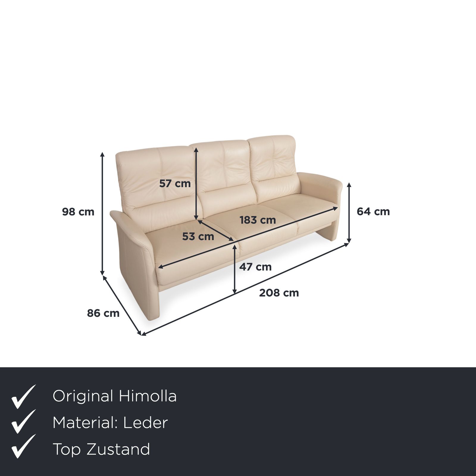 Canapé 3 places Himolla 6001 en cuir beige crème, fonction manuelle photo furniture