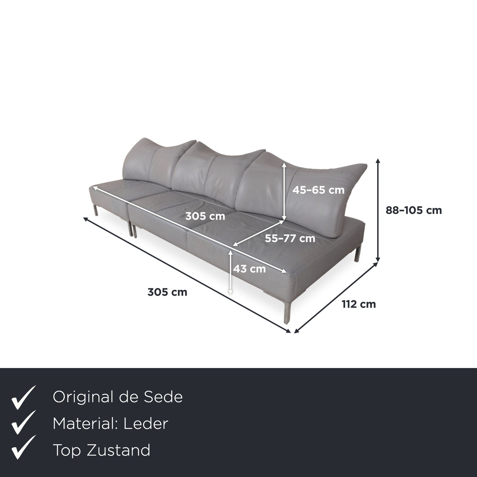 De Sede Ds 112 Leather Three Seater Grey Manual Function Sofa photo furniture