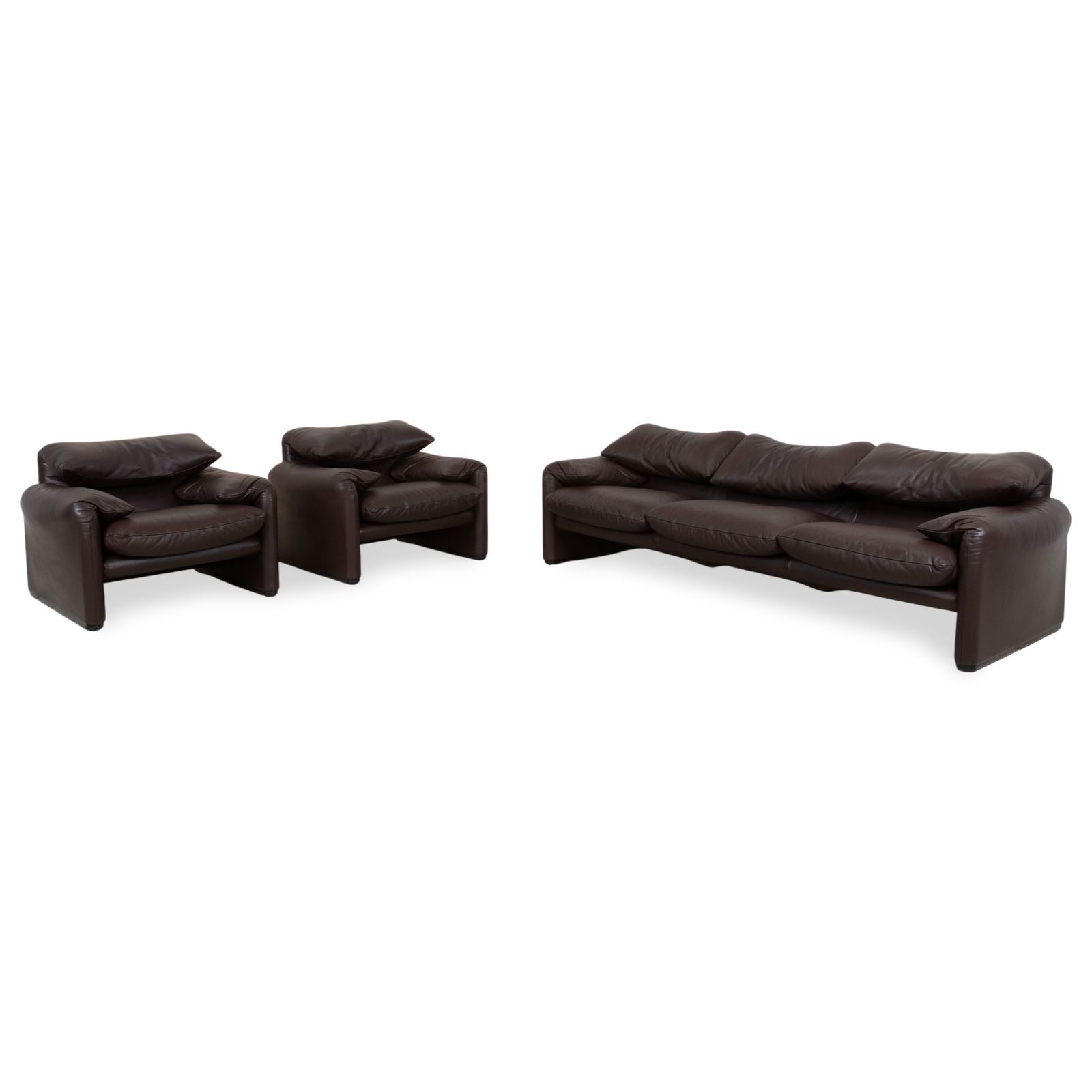 Cassina Maralunga Leren Driezitsbank, 2 Fauteuils, Bruin Espresso Manuele Functie
