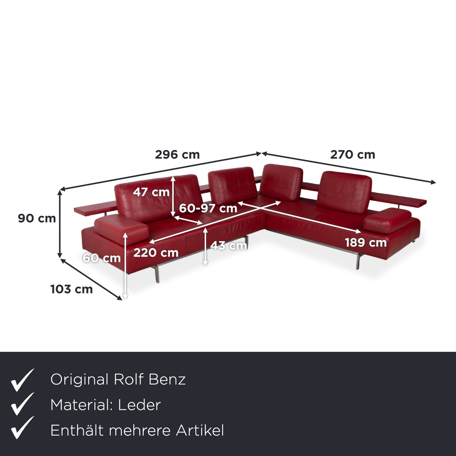Rolf Benz Dono 6100 Leather Corner Couch With Ottoman, Red, Manual Function photo furniture