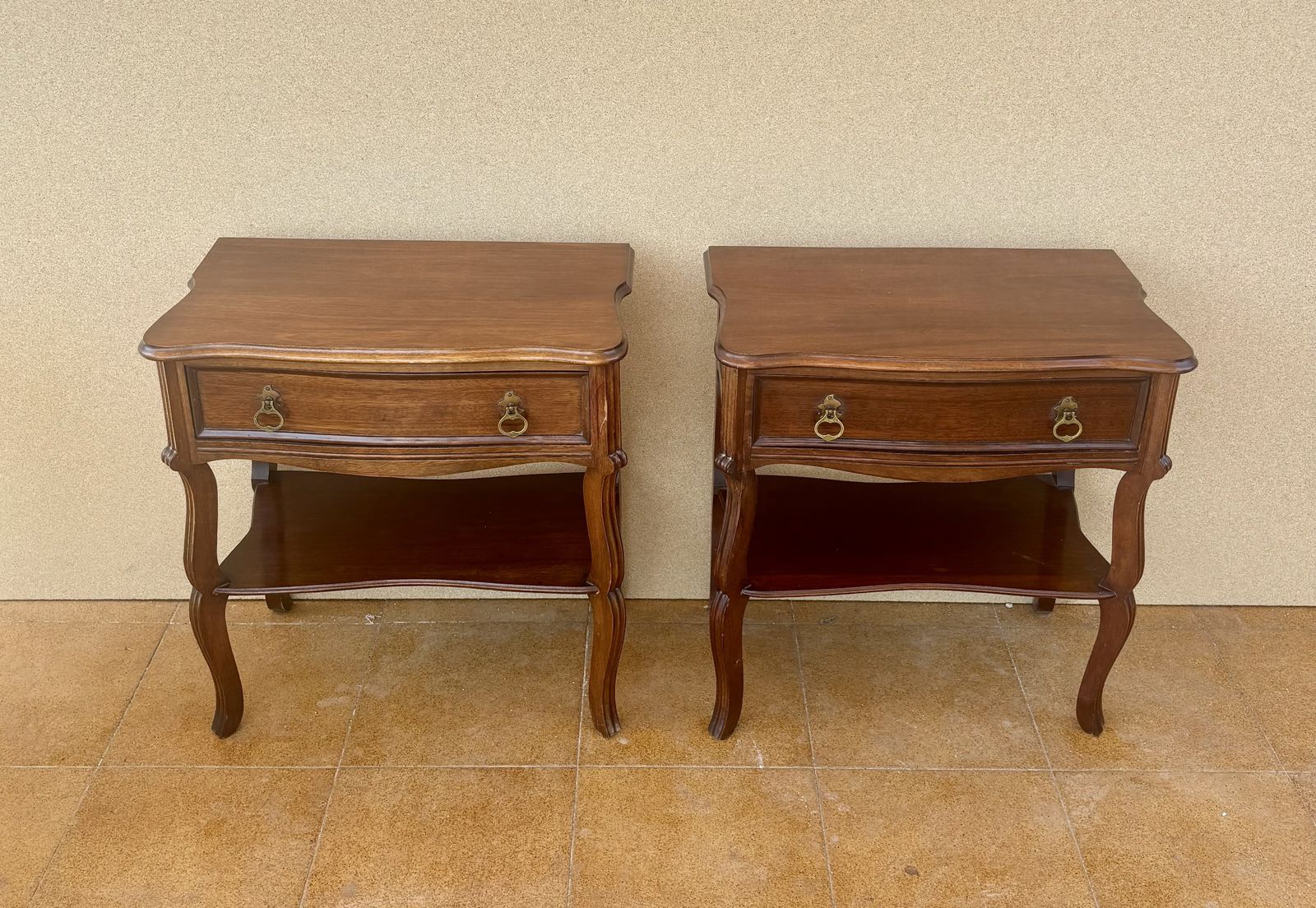 Pair Of Spanish Wood Bedside Tables With Drawers And Lower Shelves, 1940s photo Furniture