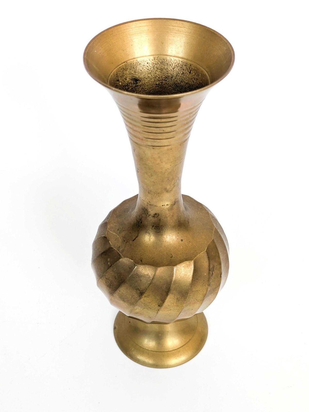 68.0 Vintage Brass Trumpet Shaped Pedestal Vase With Ribbed And Swirl Details Mcm Centerpiece photo