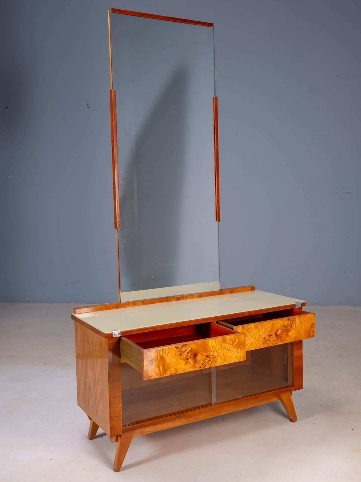 Vintage Dressing Table With Burl Veneer, Large Mirror And Storage Cabinets, Mid 20th Century, Czechoslovak, 38 X 82 X 53 Cm photo furniture