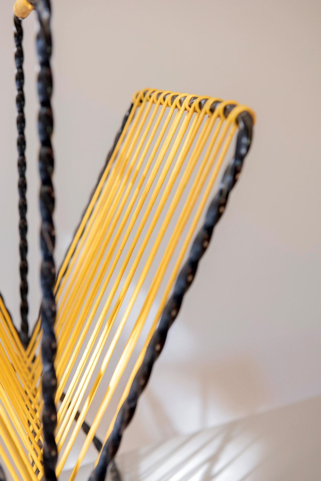 Vintage Mid Century Magazine Rack   1950s Yellow Cord Magazine Holder   Black Twisted Metal Newspaper Rack photo vintage