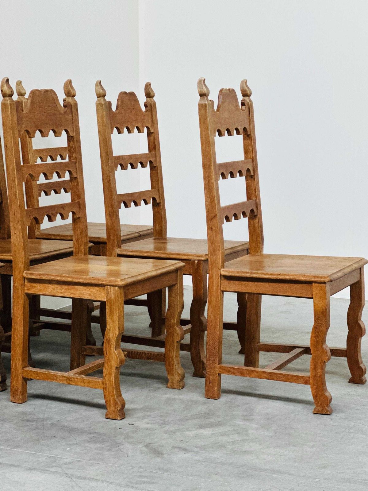 photo furniture Set Of 6 Vintage Solid Oak High Back Dining Chairs – Rustic European / Spanish Revival Style