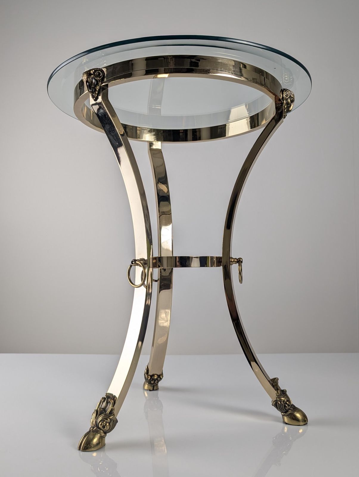 Furniture Neoclassical Brass And Beveled Glass Side Table With Ram Heads, 1970s photo