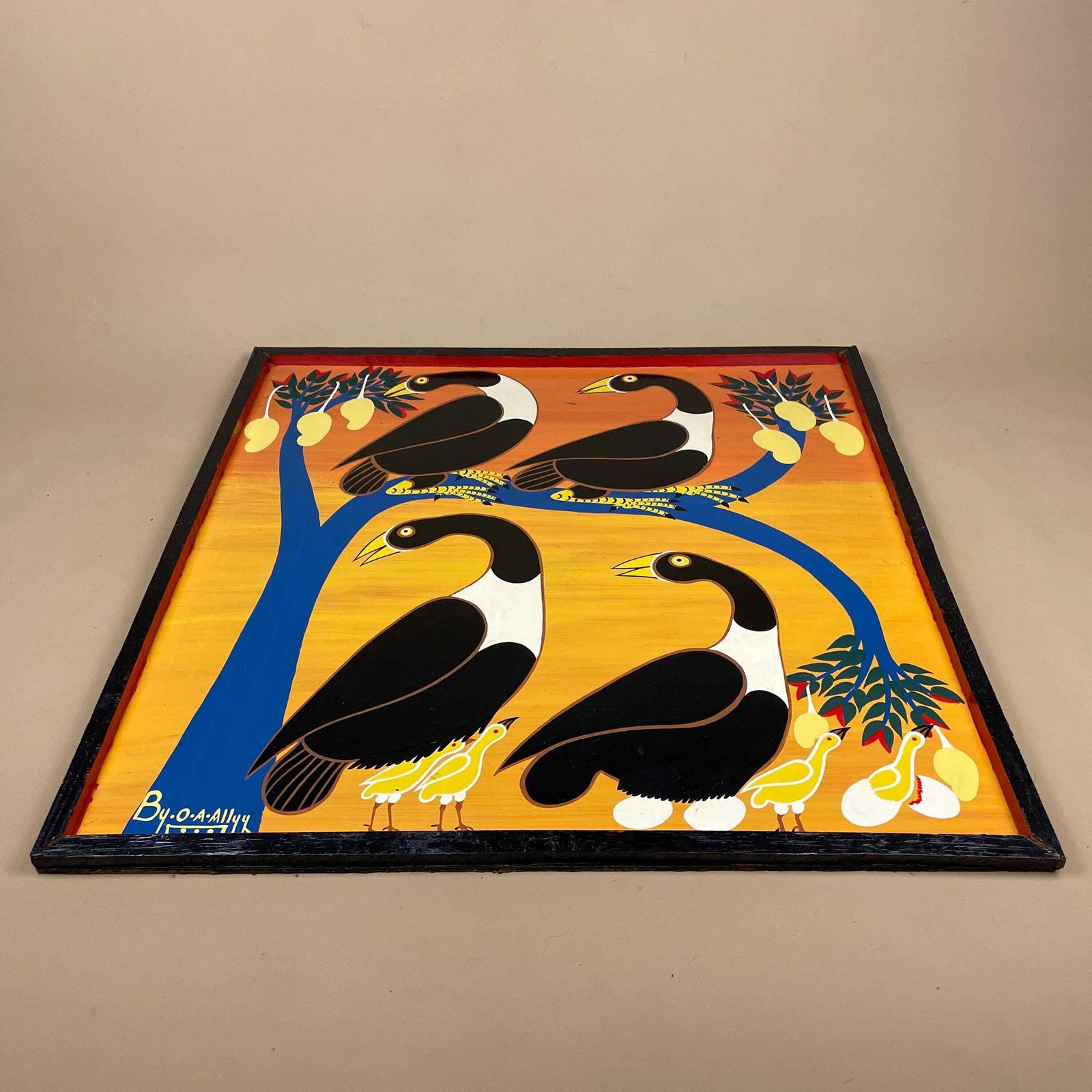 Vintage Tingatinga African Board Painting, Hand Painted Birds In Mango Tree, Signed O A Ally Tanzanian Folk Art, Framed Enamel Artwork photo furniture